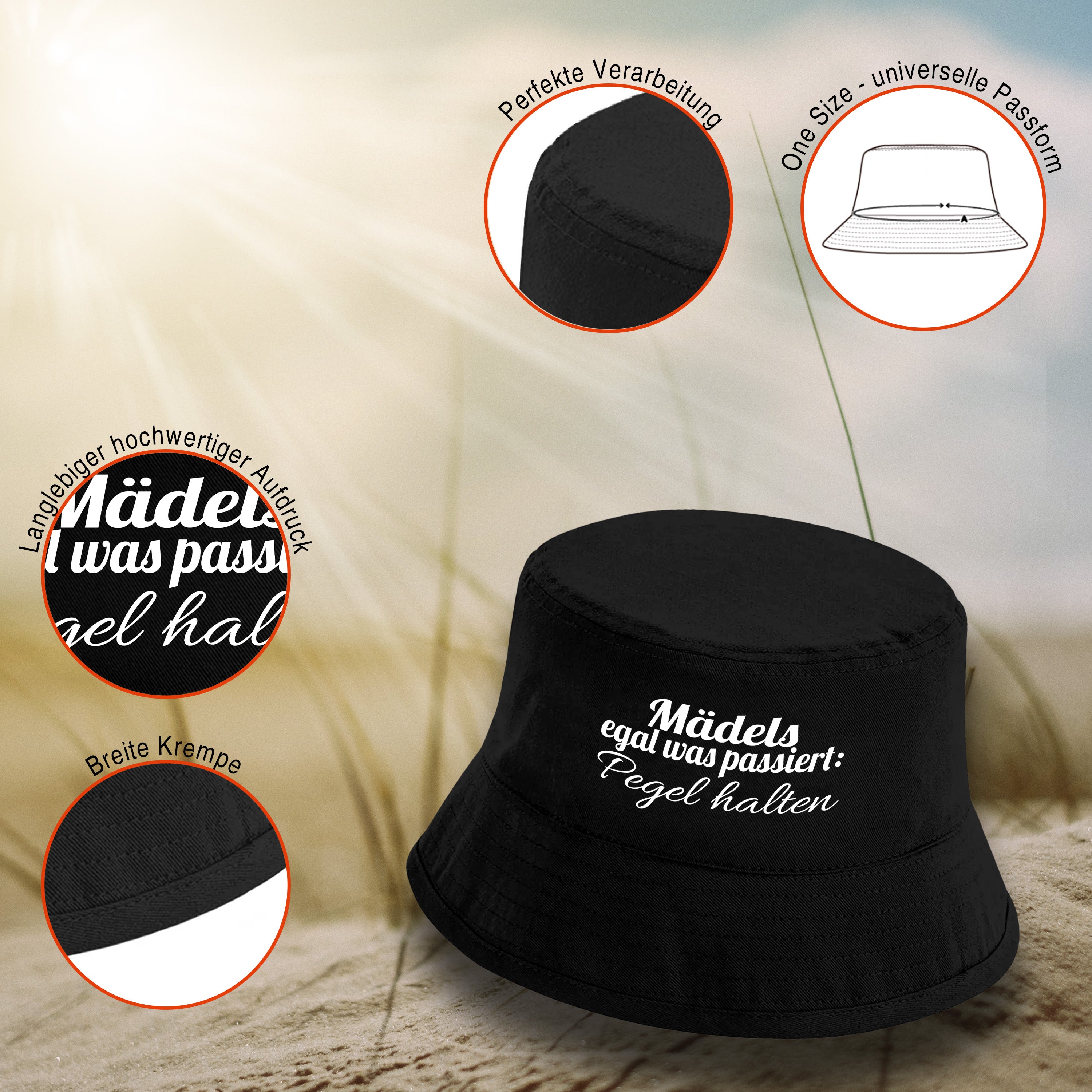 Bucket Hat Schwarz – Mädels, egal was passiert: Pegel halten – Fischerhut mit Spruch – Unisex Einheitsgröße – Festivalhut / Sonnenhut für Damen & Herren