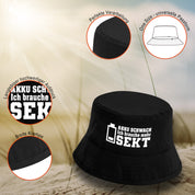 Bucket Hat Schwarz – Akku schwach - Ich brauche mehr Sekt – Fischerhut mit Spruch – Unisex Einheitsgröße – Festivalhut / Sonnenhut für Damen & Herren