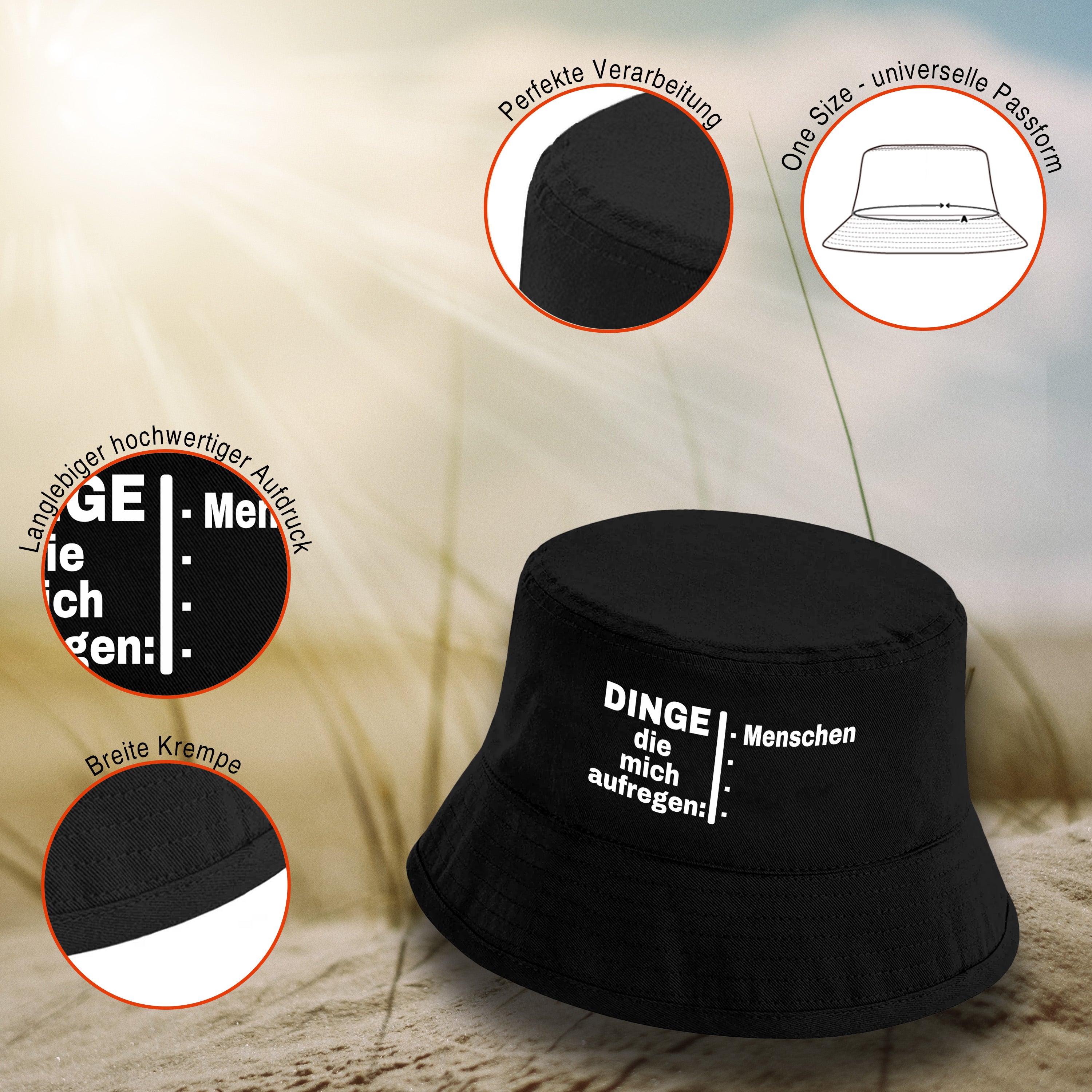 Bucket Hat Schwarz – Dinge die mich aufregen: Menschen – Fischerhut mit Spruch – Unisex Einheitsgröße – Festivalhut / Sonnenhut für Damen & Herren