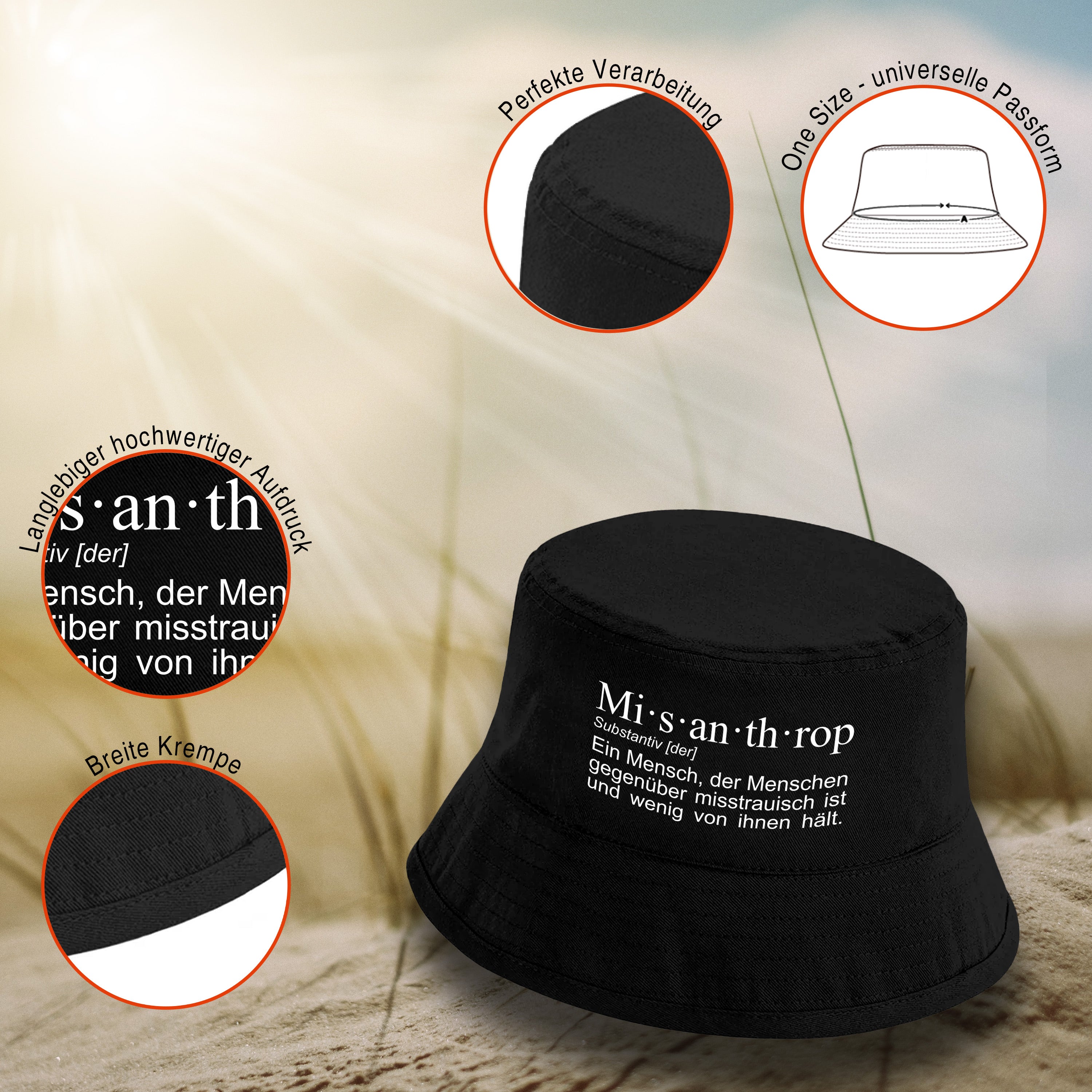 Bucket Hat Schwarz – Mi·s·an·th·rop – Fischerhut mit Spruch – Unisex Einheitsgröße – Festivalhut / Sonnenhut für Damen & Herren