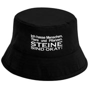 Bucket Hat Schwarz – Ich hasse Menschen, Tiere und Pflanzen. Steine sind okay! – Fischerhut mit Spruch – Unisex Einheitsgröße – Festivalhut / Sonnenhut für Damen & Herren