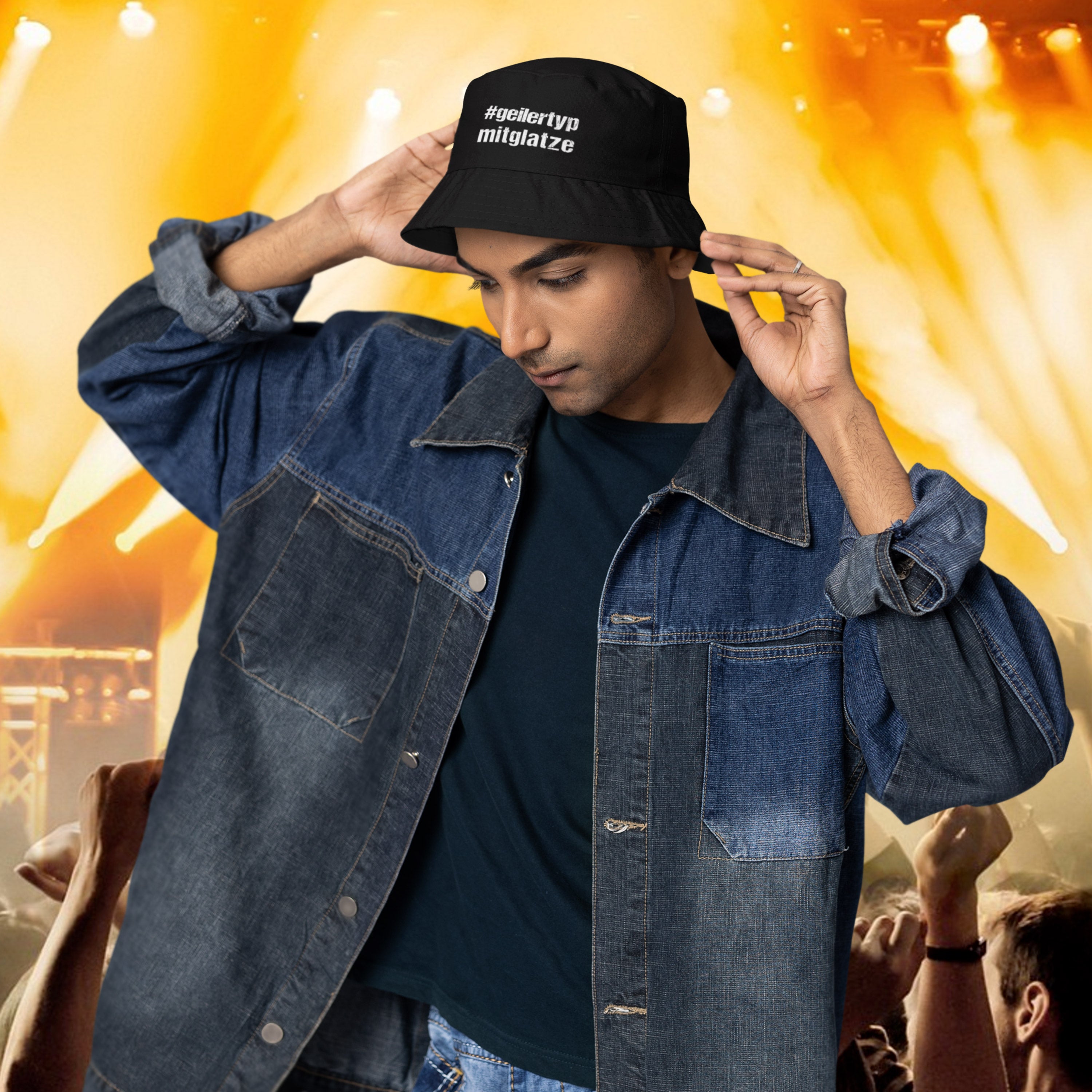 Bucket Hat Schwarz – #geilertypmitglatze - Geiler Typ mit Glatze – Fischerhut mit Spruch – Unisex Einheitsgröße – Festivalhut / Sonnenhut für Damen & Herren
