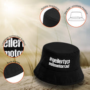 Bucket Hat Schwarz – #geilertypmitmotorrad - Geiler Typ mit Motorrad – Fischerhut mit Spruch – Unisex Einheitsgröße – Festivalhut / Sonnenhut für Damen & Herren