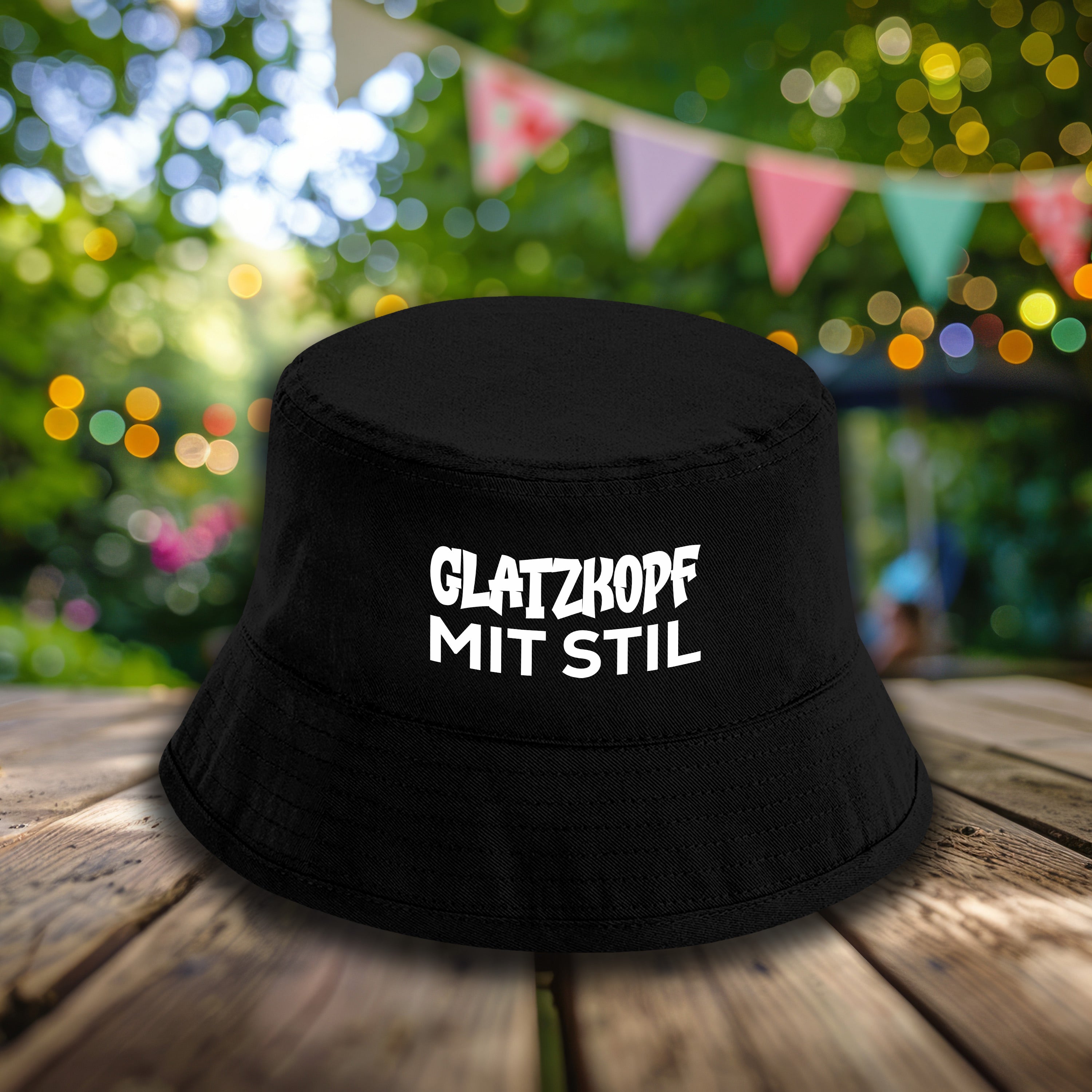Bucket Hat Schwarz – Glatzkopf mit Stil – Fischerhut mit Spruch – Unisex Einheitsgröße – Festivalhut / Sonnenhut für Damen & Herren