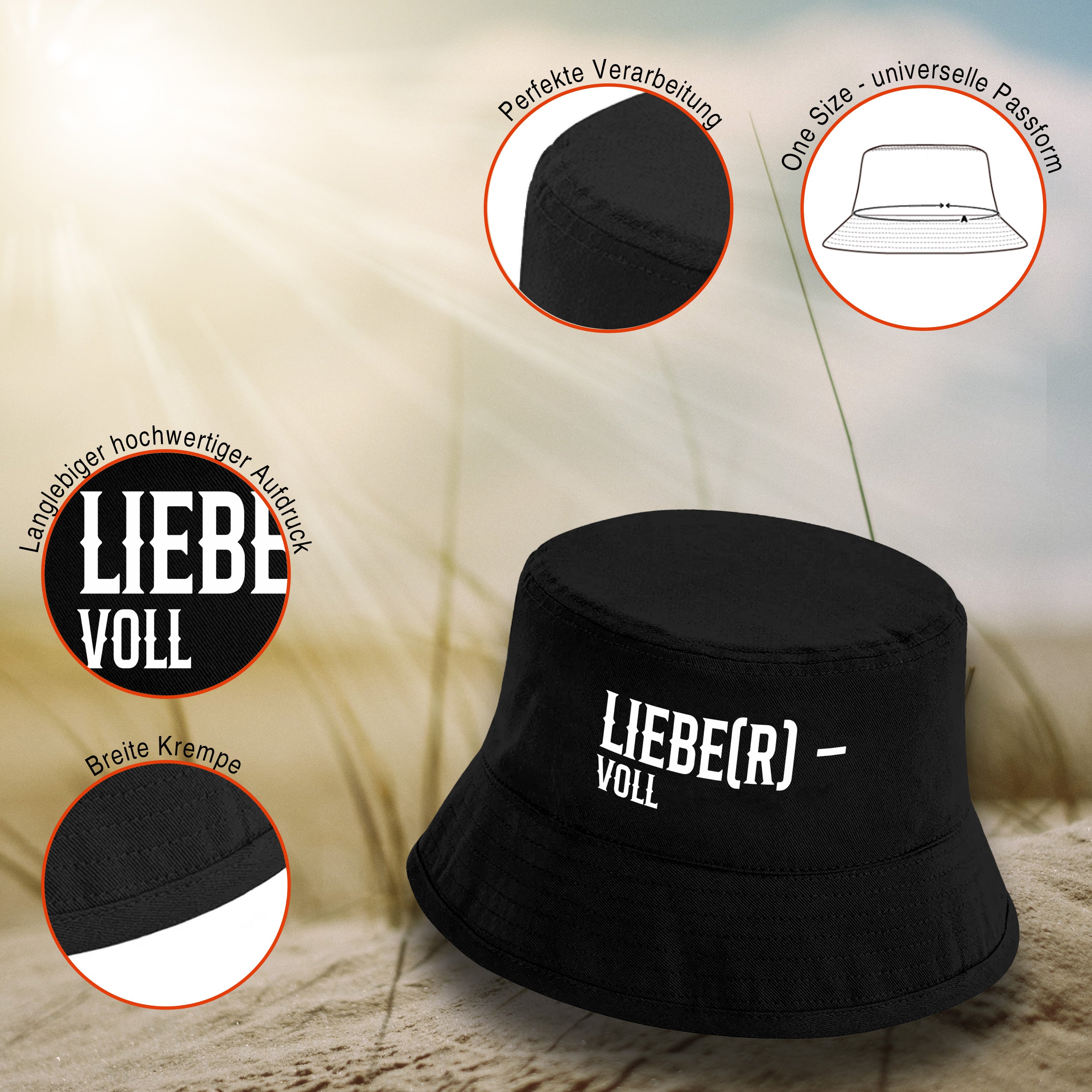 Bucket Hat Schwarz – Liebe(R) - voll – Fischerhut mit Spruch – Unisex Einheitsgröße – Festivalhut / Sonnenhut für Damen & Herren