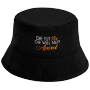 Bucket Hat Schwarz – Die tut nix - Die will nur Aperol – Fischerhut mit Spruch – Unisex Einheitsgröße – Festivalhut / Sonnenhut für Damen & Herren
