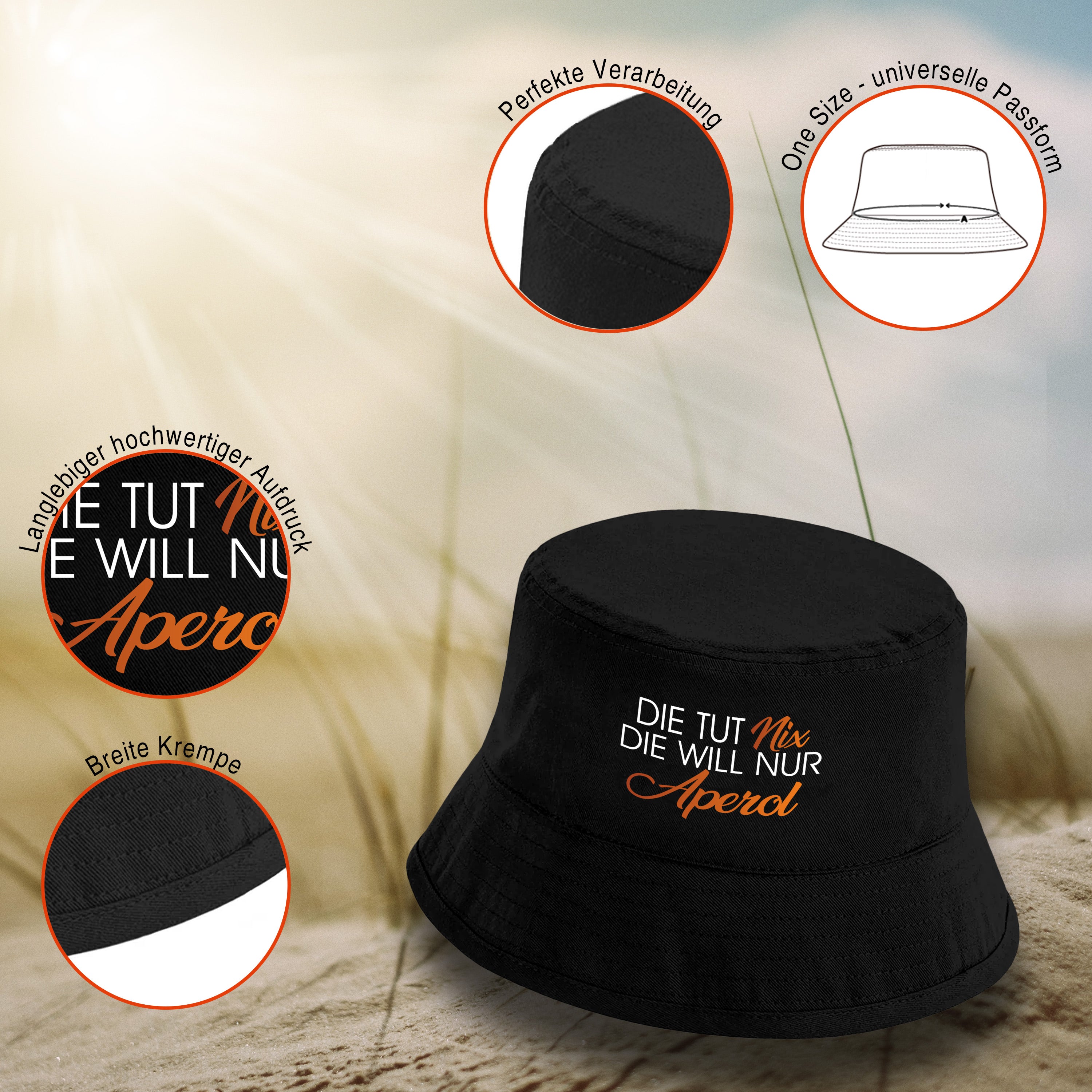 Bucket Hat Schwarz – Die tut nix - Die will nur Aperol – Fischerhut mit Spruch – Unisex Einheitsgröße – Festivalhut / Sonnenhut für Damen & Herren