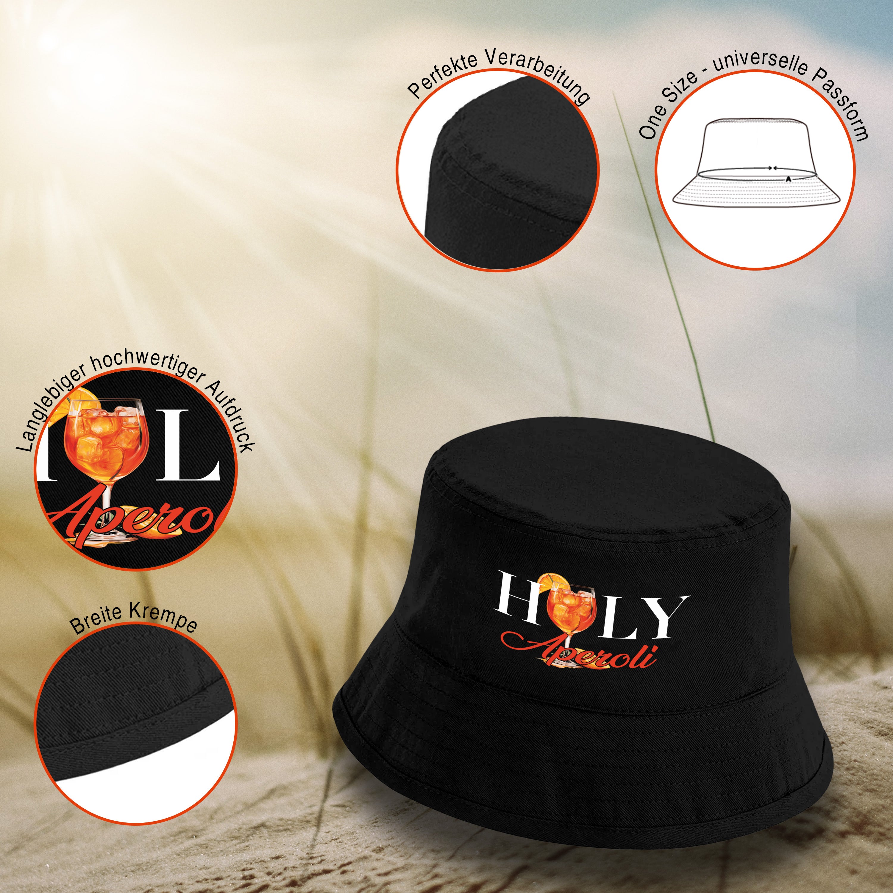 Bucket Hat Schwarz – Holy Aperoli – Fischerhut mit Spruch – Unisex Einheitsgröße – Festivalhut / Sonnenhut für Damen & Herren