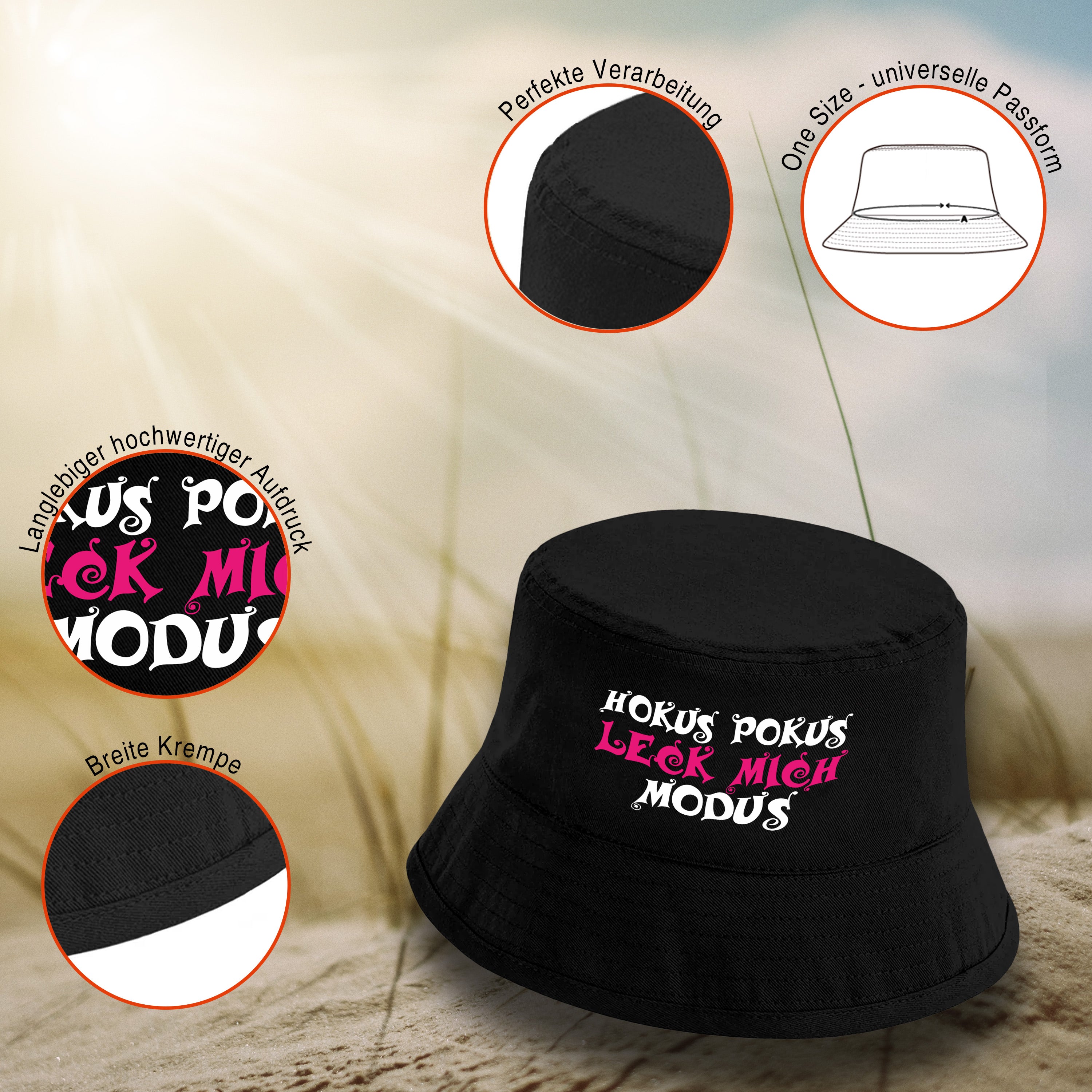 Bucket Hat Schwarz – Hokus Pokus Leck mich Modus – Fischerhut mit Spruch – Unisex Einheitsgröße – Festivalhut / Sonnenhut für Damen & Herren
