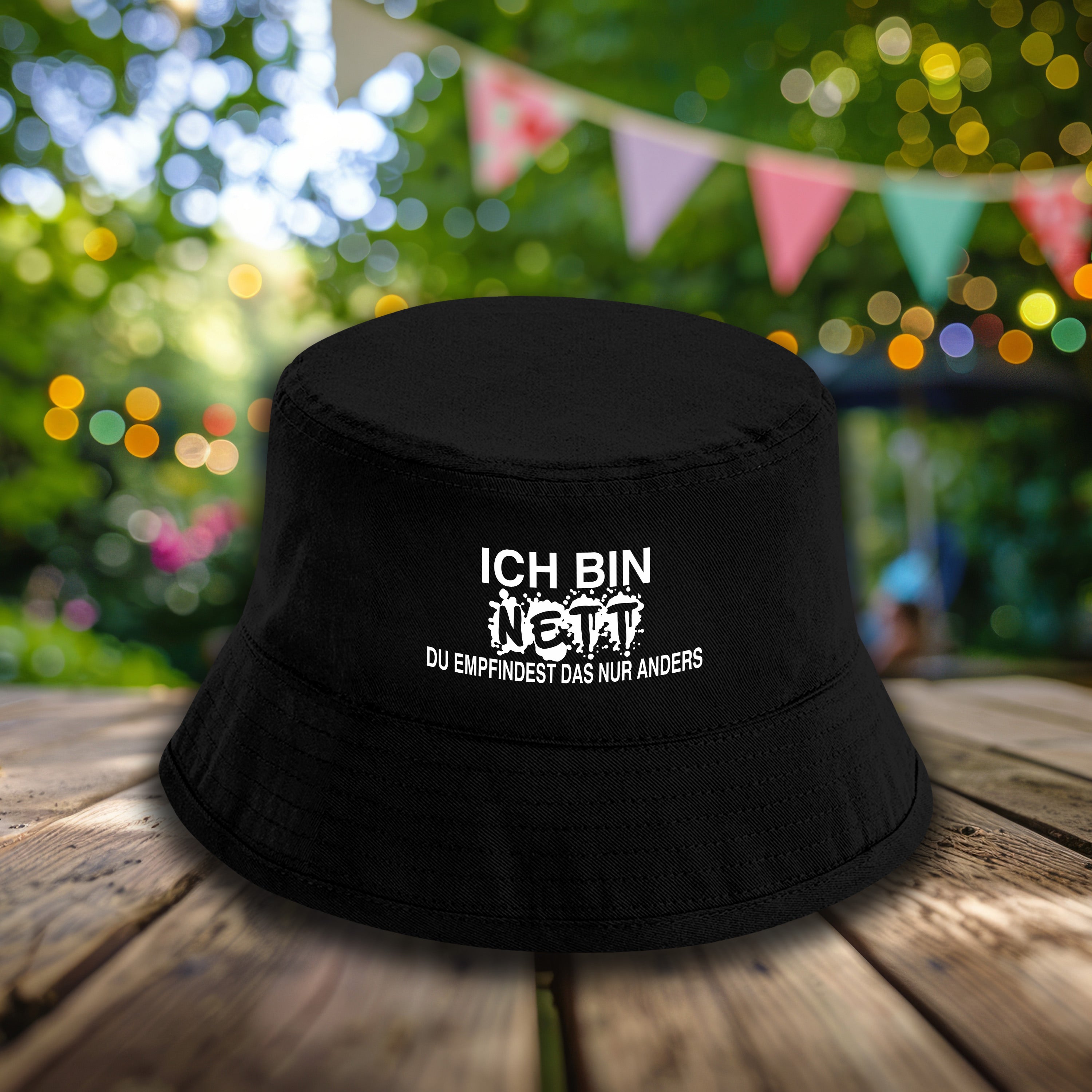 Bucket Hat Schwarz – Ich bin nett - Du empfindest das nur anders – Fischerhut mit Spruch – Unisex Einheitsgröße – Festivalhut / Sonnenhut für Damen & Herren