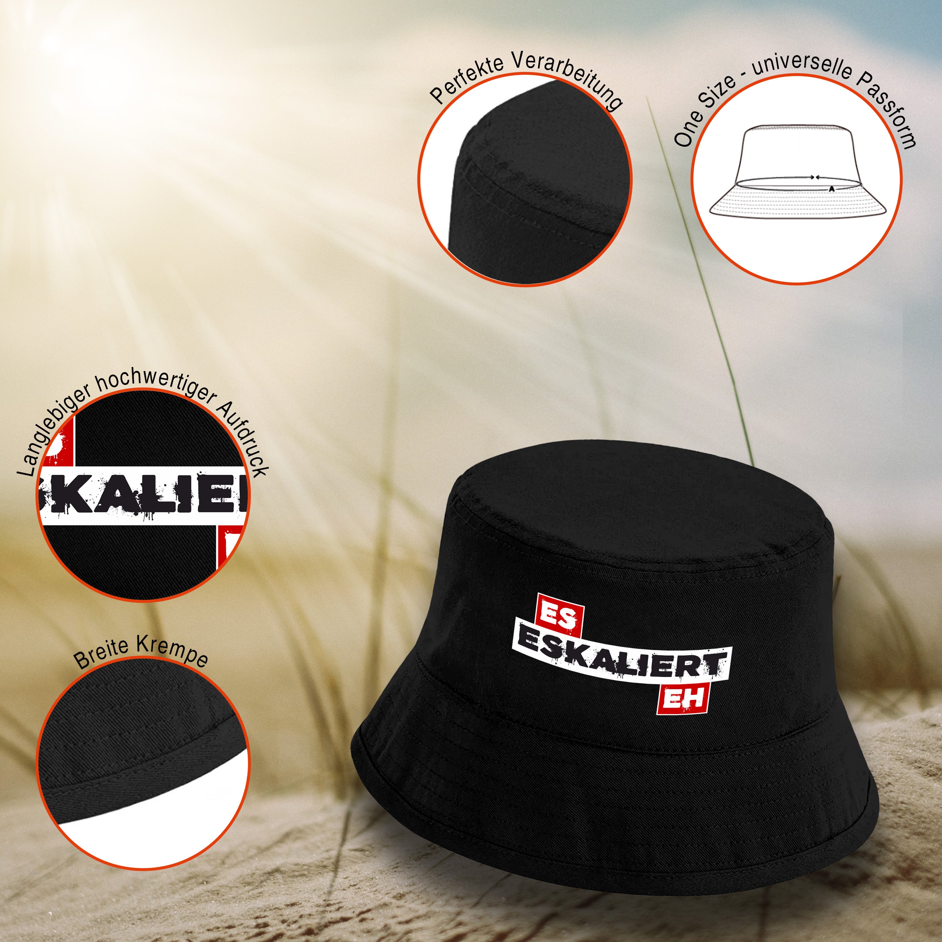 Bucket Hat Schwarz – Es eskaliert eh – Fischerhut mit Spruch – Unisex Einheitsgröße – Festivalhut / Sonnenhut für Damen & Herren