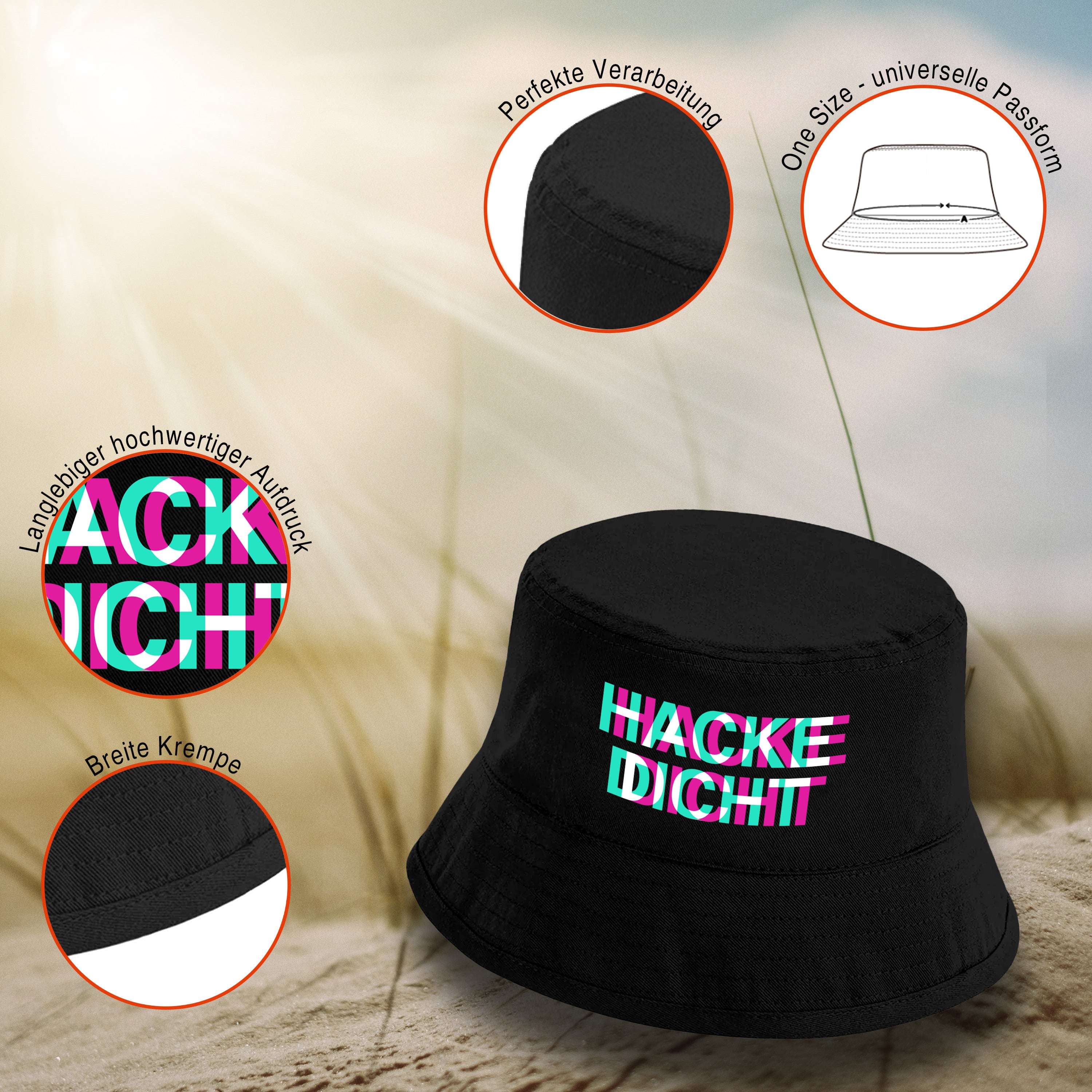 Bucket Hat Schwarz – Hacke Dicht - Rauscheffekt – Fischerhut mit Spruch – Unisex Einheitsgröße – Festivalhut / Sonnenhut für Damen & Herren