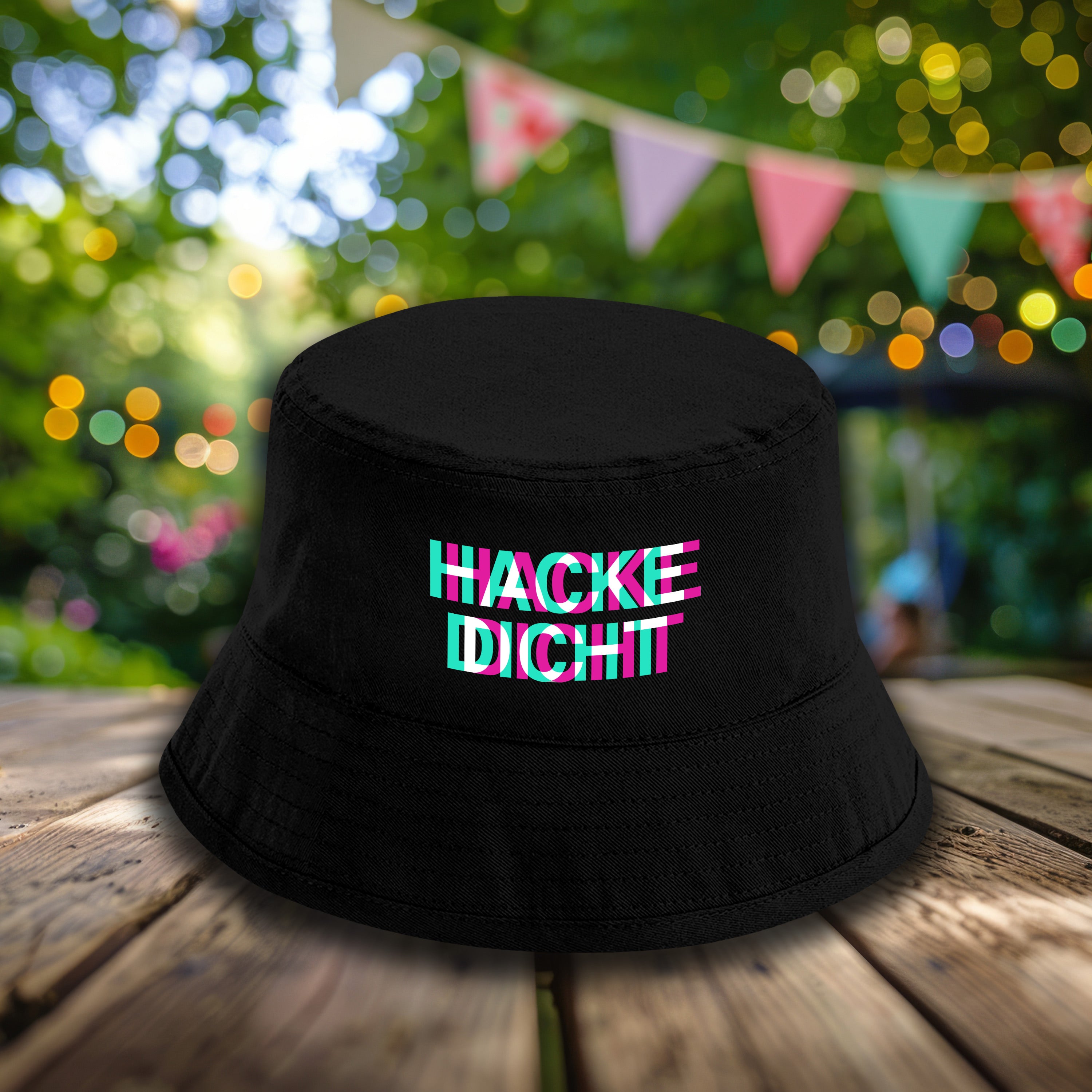 Bucket Hat Schwarz – Hacke Dicht - Rauscheffekt – Fischerhut mit Spruch – Unisex Einheitsgröße – Festivalhut / Sonnenhut für Damen & Herren