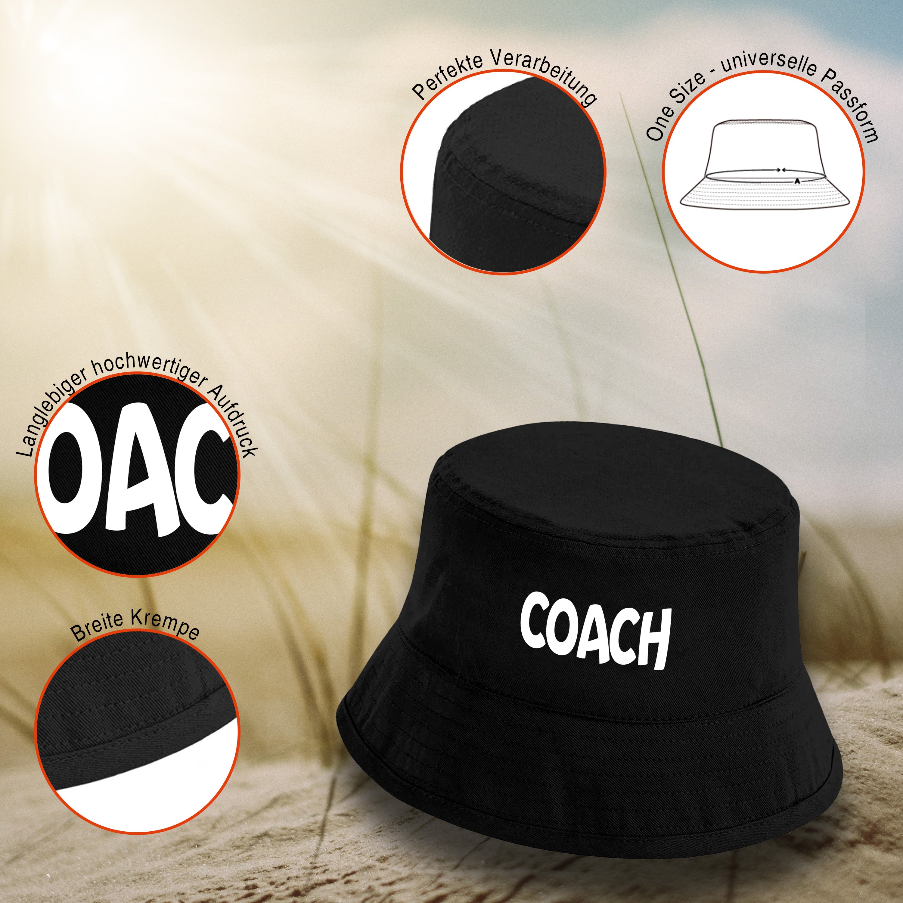 Bucket Hat Schwarz – Coach – Fischerhut mit Spruch – Unisex Einheitsgröße – Festivalhut / Sonnenhut für Damen & Herren