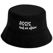 Bucket Hat Schwarz – Assis sind nie alleine – Fischerhut mit Spruch – Unisex Einheitsgröße – Festivalhut / Sonnenhut für Damen & Herren