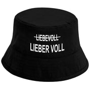 Schwarzer Bucket Hat mit Motiv – LIEBEVOLL LIEBER VOLL – Fischerhut mit Spruch – Unisex Sonnenhut – Größen S/M & L/XL – Feiern, Festival & Streetwear Accessoire – Mallorca Party Hut