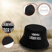 Schwarzer Bucket Hat mit Motiv – LIEBEVOLL LIEBER VOLL – Fischerhut mit Spruch – Unisex Sonnenhut – Größen S/M & L/XL – Feiern, Festival & Streetwear Accessoire – Mallorca Party Hut