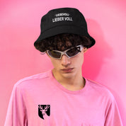 Schwarzer Bucket Hat mit Motiv – LIEBEVOLL LIEBER VOLL – Fischerhut mit Spruch – Unisex Sonnenhut – Größen S/M & L/XL – Feiern, Festival & Streetwear Accessoire – Mallorca Party Hut