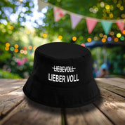 Schwarzer Bucket Hat mit Motiv – LIEBEVOLL LIEBER VOLL – Fischerhut mit Spruch – Unisex Sonnenhut – Größen S/M & L/XL – Feiern, Festival & Streetwear Accessoire – Mallorca Party Hut