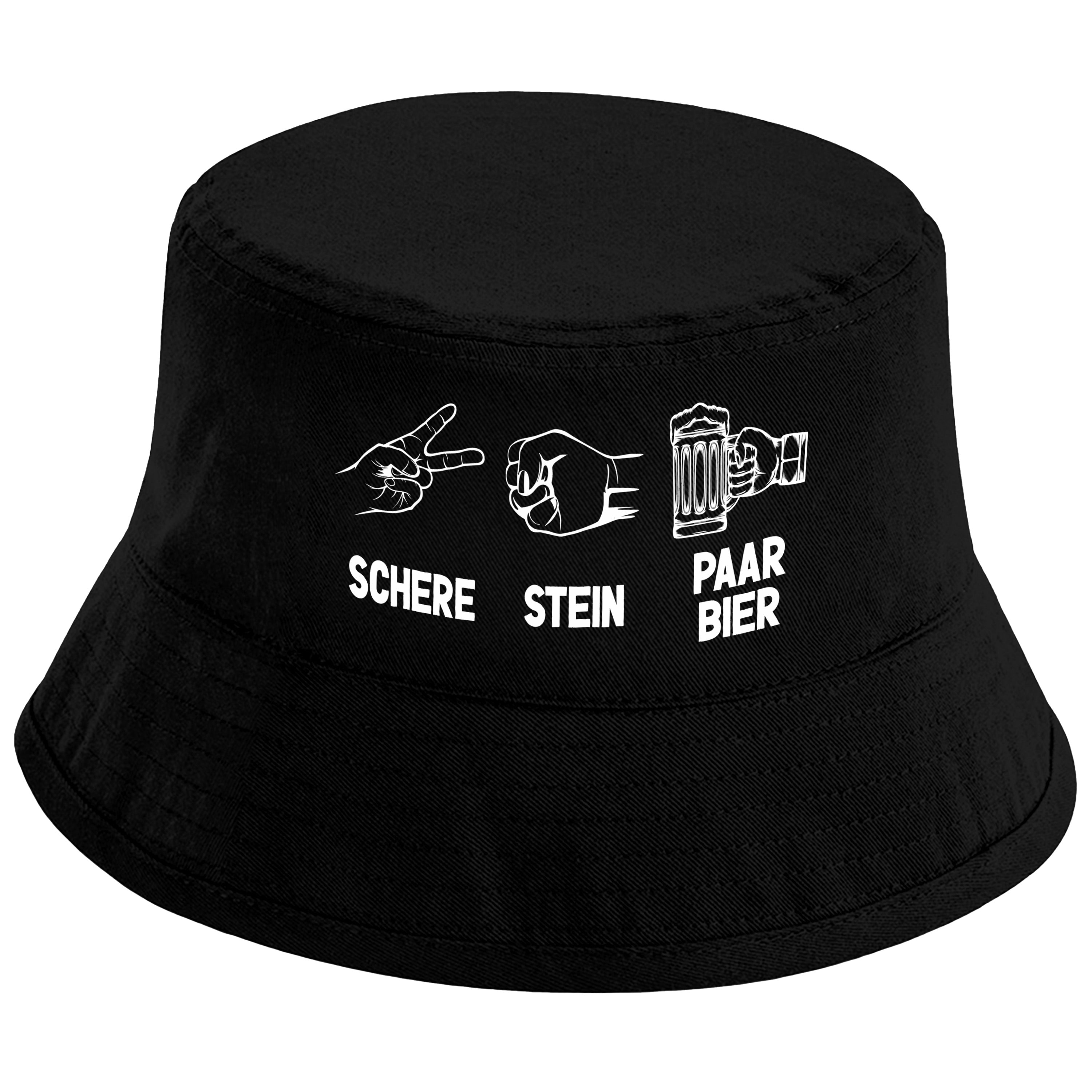 Bucket Hat Schwarz – Schere - Stein - Paar Bier – Fischerhut mit Spruch – Unisex Einheitsgröße – Festivalhut / Sonnenhut für Damen & Herren
