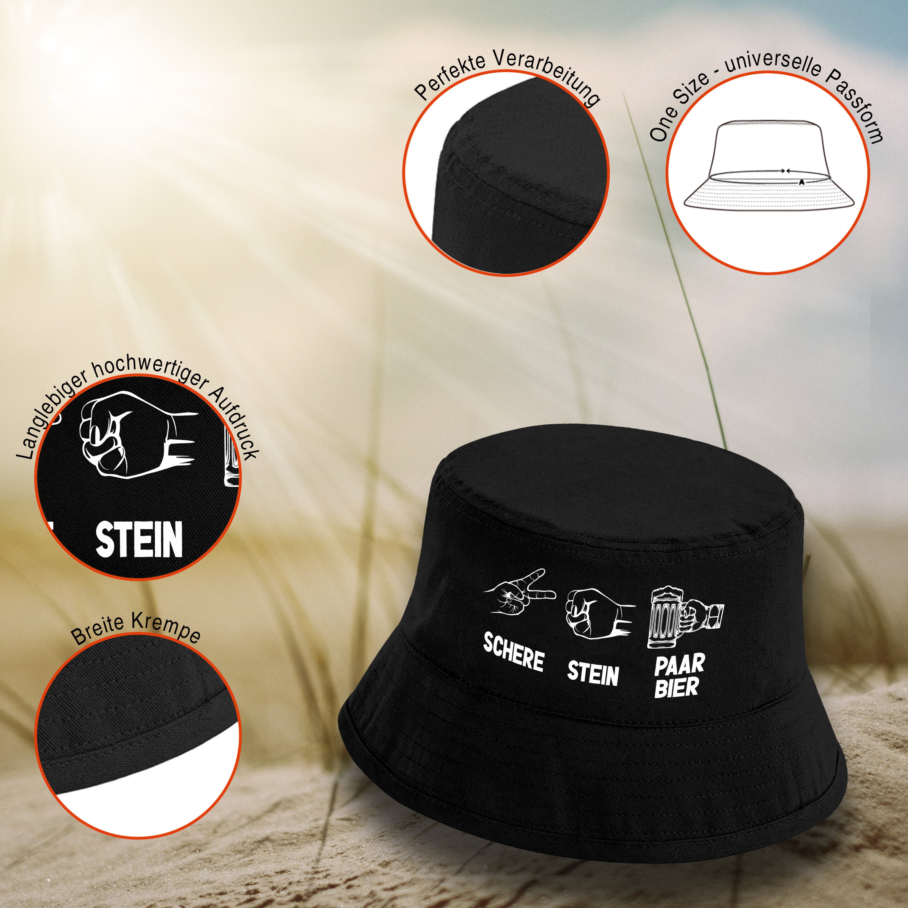 Bucket Hat Schwarz – Schere - Stein - Paar Bier – Fischerhut mit Spruch – Unisex Einheitsgröße – Festivalhut / Sonnenhut für Damen & Herren