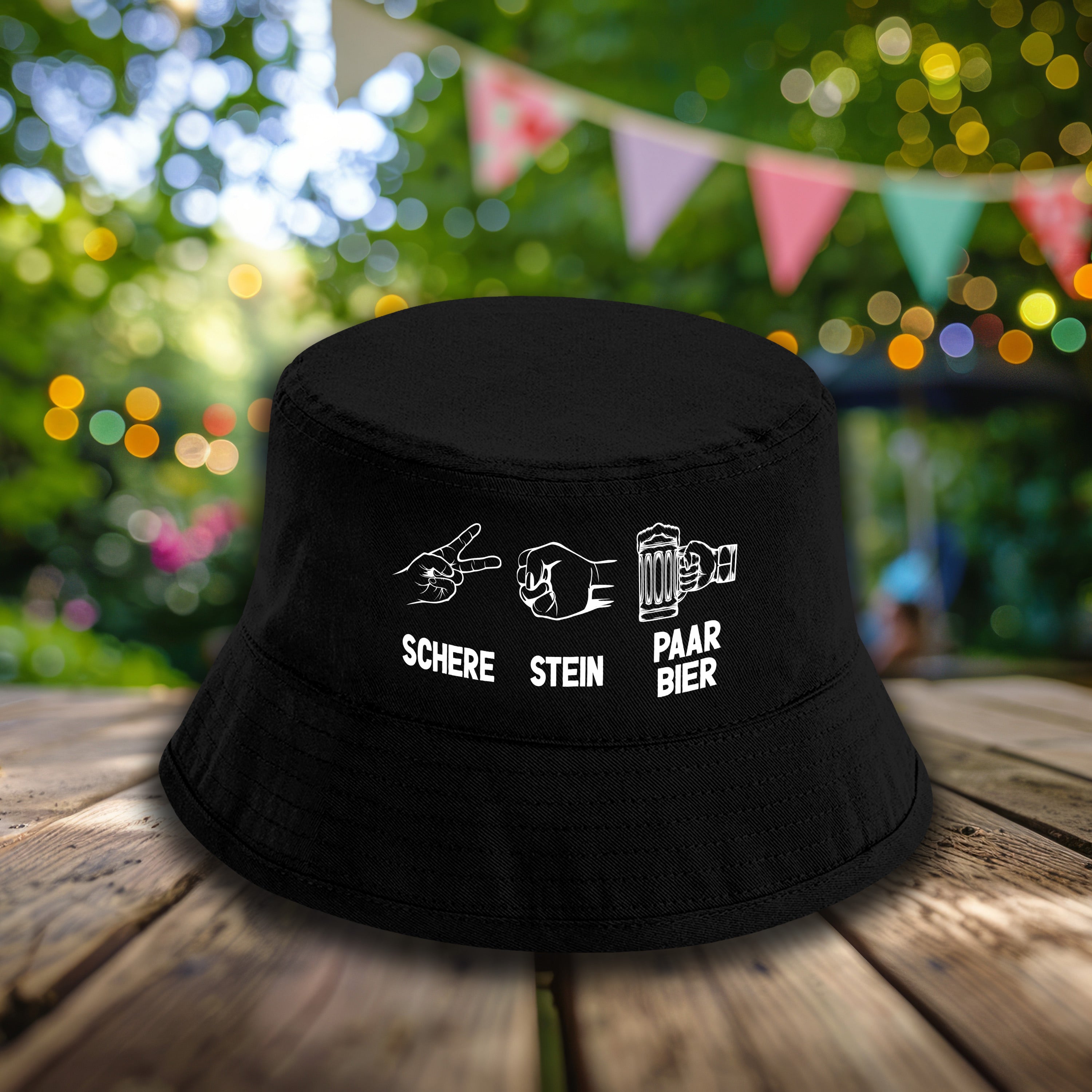Bucket Hat Schwarz – Schere - Stein - Paar Bier – Fischerhut mit Spruch – Unisex Einheitsgröße – Festivalhut / Sonnenhut für Damen & Herren