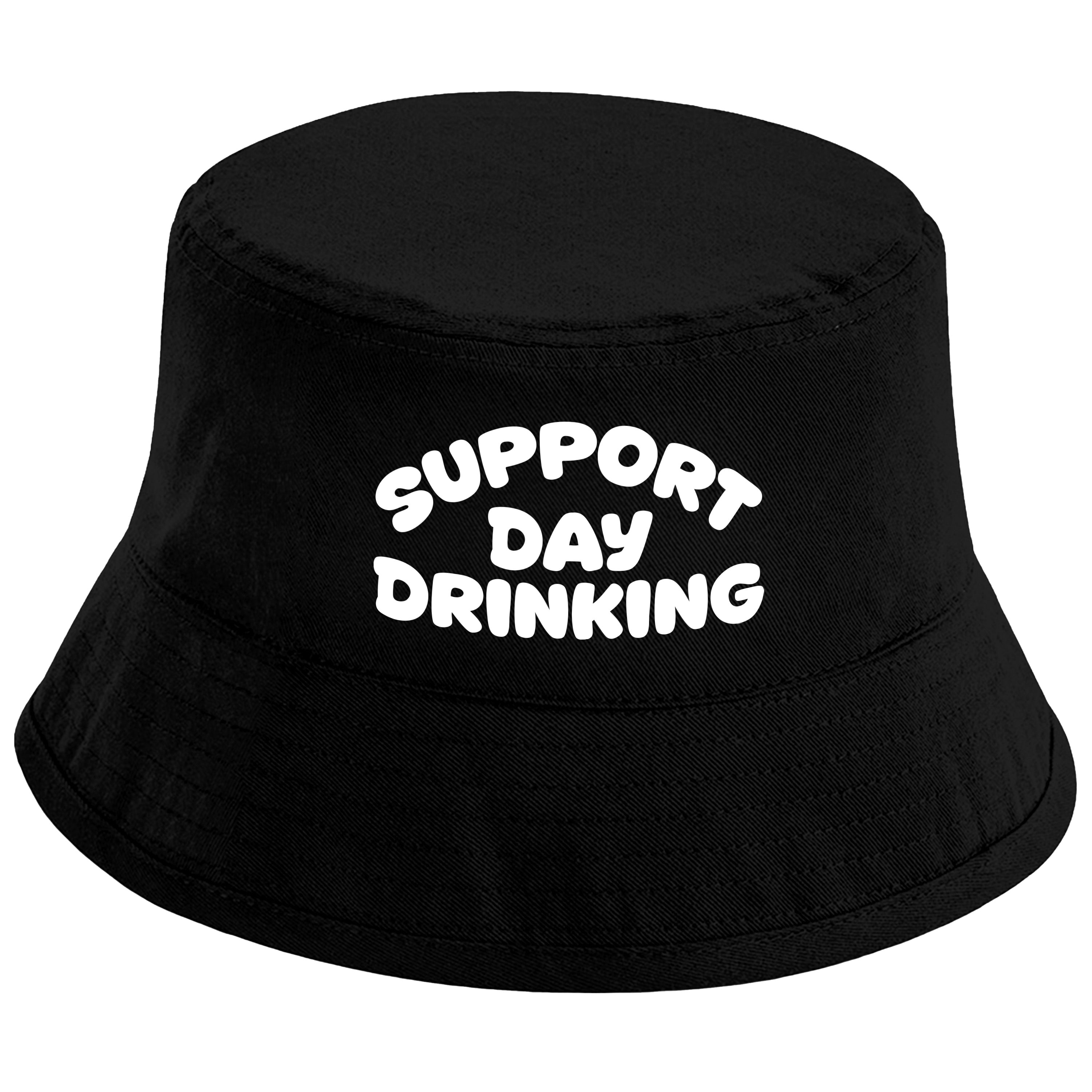 Bucket Hat Schwarz – Support Day Drinking – Fischerhut mit Spruch – Unisex Einheitsgröße – Festivalhut / Sonnenhut für Damen & Herren