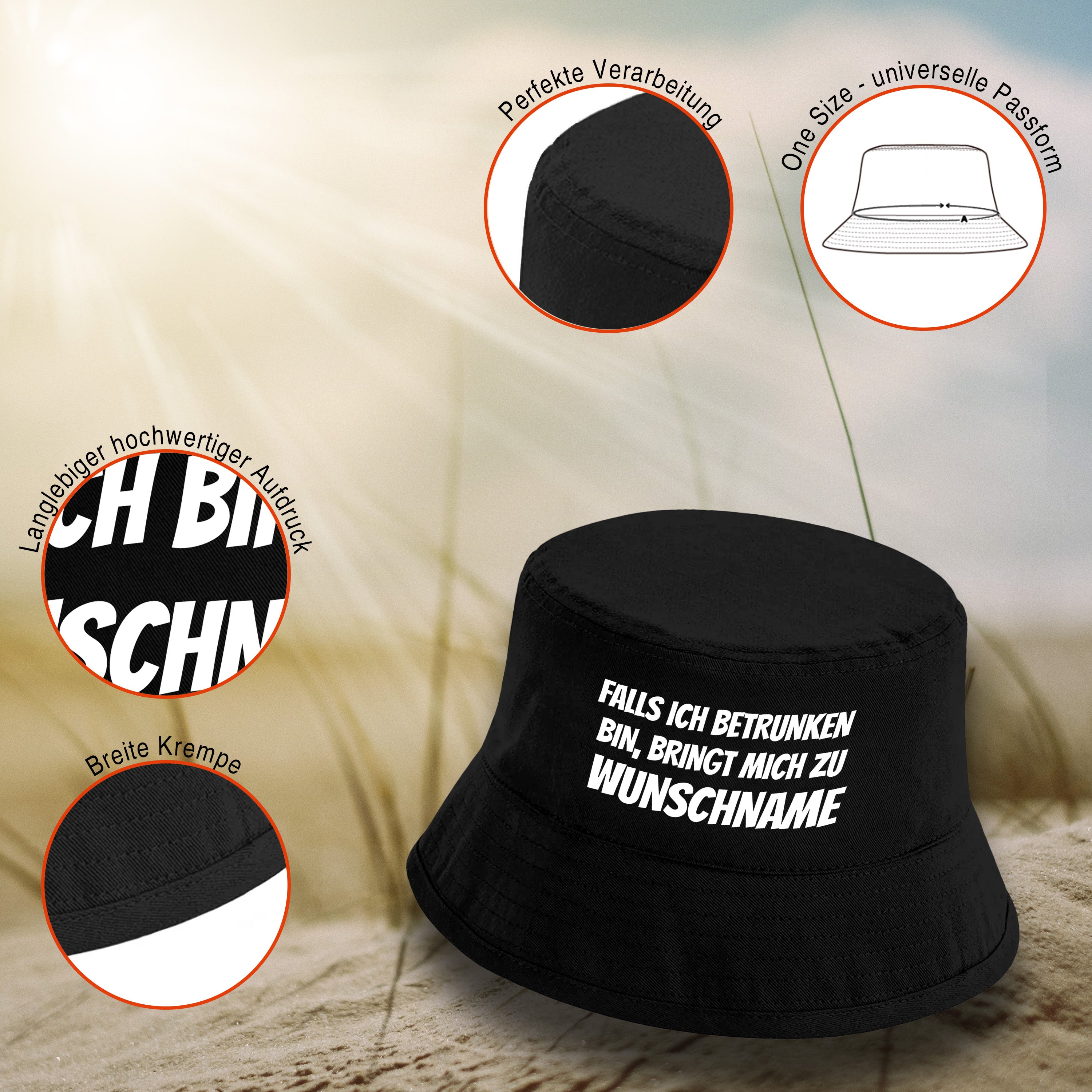 Personalisiertes Bucket Hat 2er-Set in Schwarz – Falls ich betrunken bin, bringt mich zu... – Fischerhut mit Spruch – Unisex Einheitsgröße – Festivalhut / Sonnenhut für Damen & Herren
