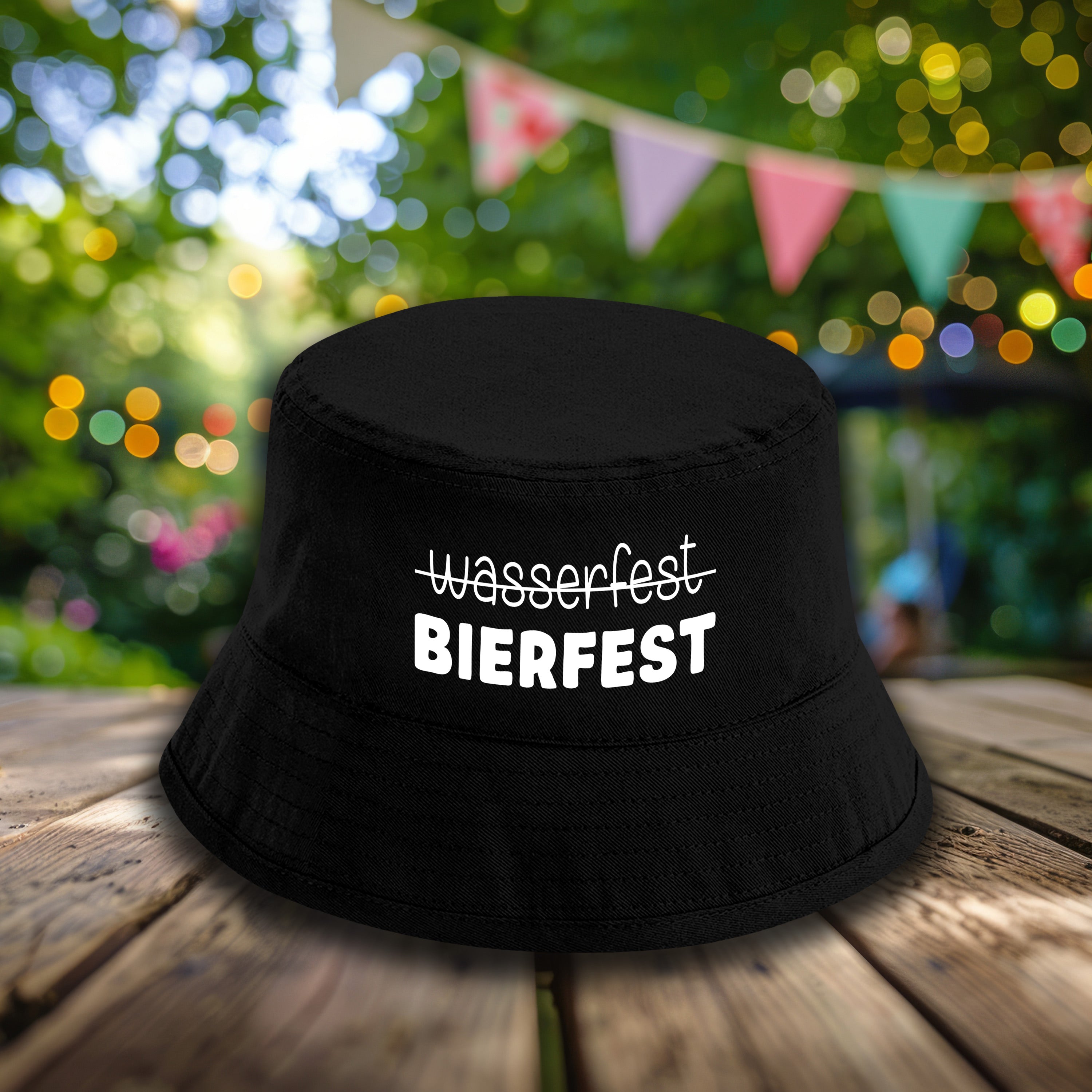 Bucket Hat Schwarz – wasserfest - BIERFEST – Fischerhut mit Spruch – Unisex Einheitsgröße – Festivalhut / Sonnenhut für Damen & Herren