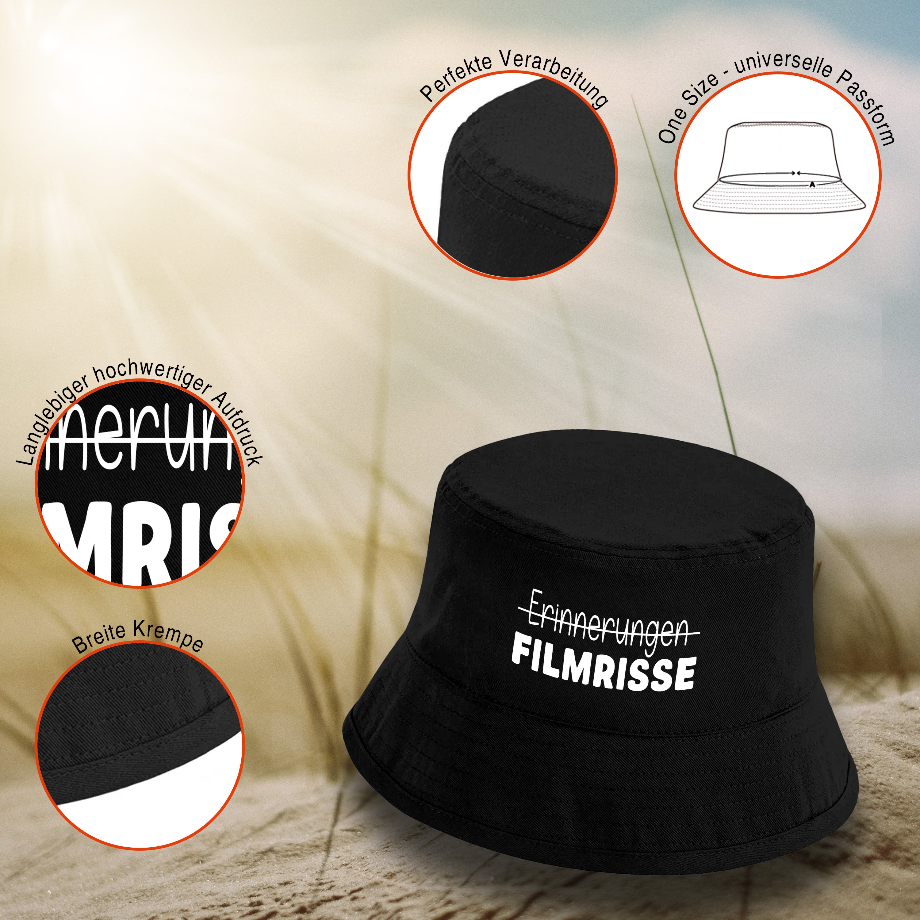 Bucket Hat Schwarz – Erinnerungen - FILMRISSE – Fischerhut mit Spruch – Unisex Einheitsgröße – Festivalhut / Sonnenhut für Damen & Herren
