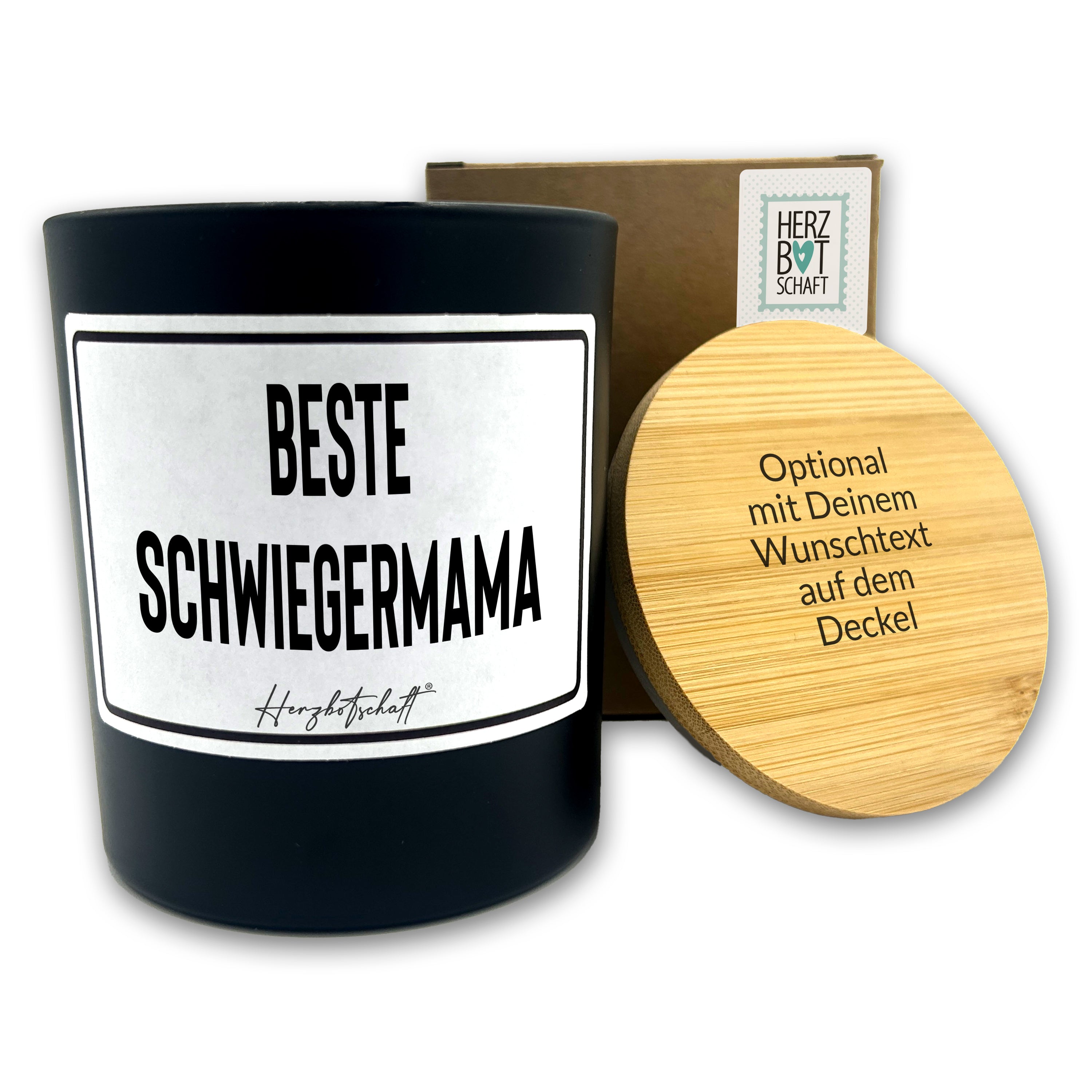 Duftkerze mit Spruch – Beste Schwiegermama – Geschenk für Mama, Muttertag, handgemachte Sojakerze im Glas, nachhaltig, optional mit personalisiertem Bambusdeckel