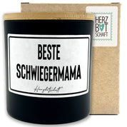 Duftkerze mit Spruch – Beste Schwiegermama – Geschenk für Mama, Muttertag, handgemachte Sojakerze im Glas, nachhaltig, optional mit personalisiertem Bambusdeckel