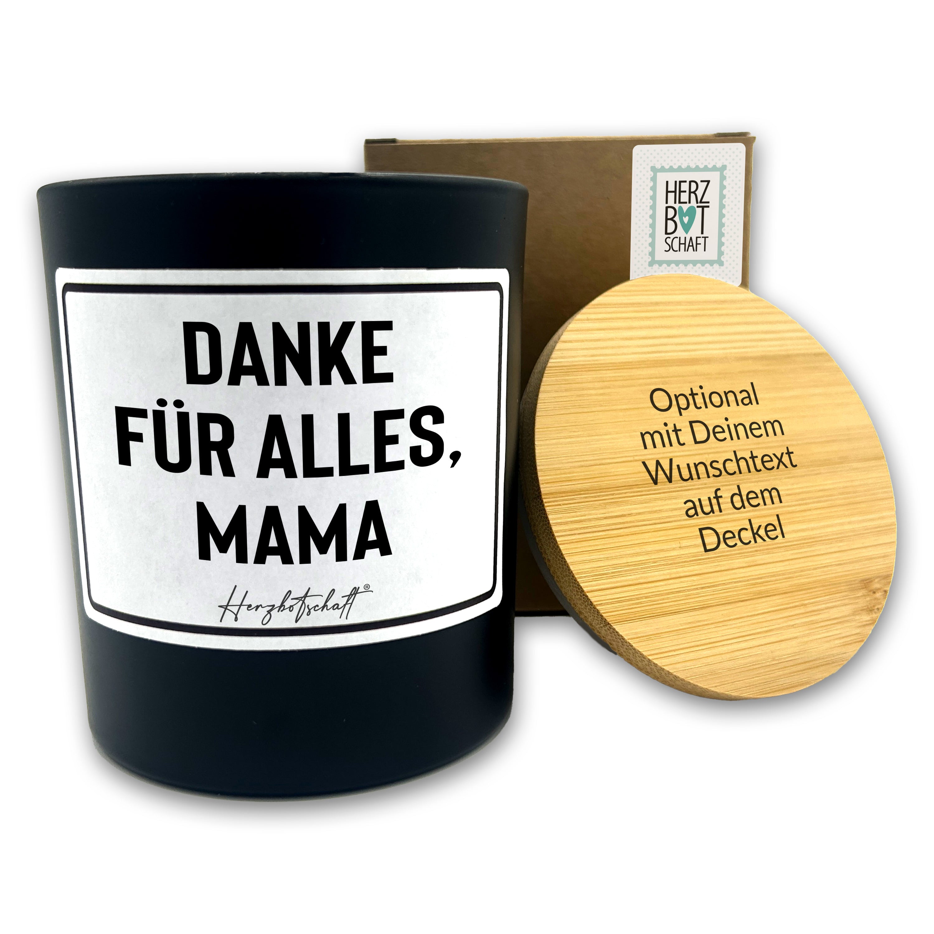 Duftkerze mit Spruch – Danke für alles, Mama – Geschenk für Mama, Muttertag, handgemachte Sojakerze im Glas, nachhaltig, optional mit personalisiertem Bambusdeckel