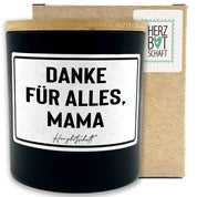 Duftkerze mit Spruch – Danke für alles, Mama – Geschenk für Mama, Muttertag, handgemachte Sojakerze im Glas, nachhaltig, optional mit personalisiertem Bambusdeckel