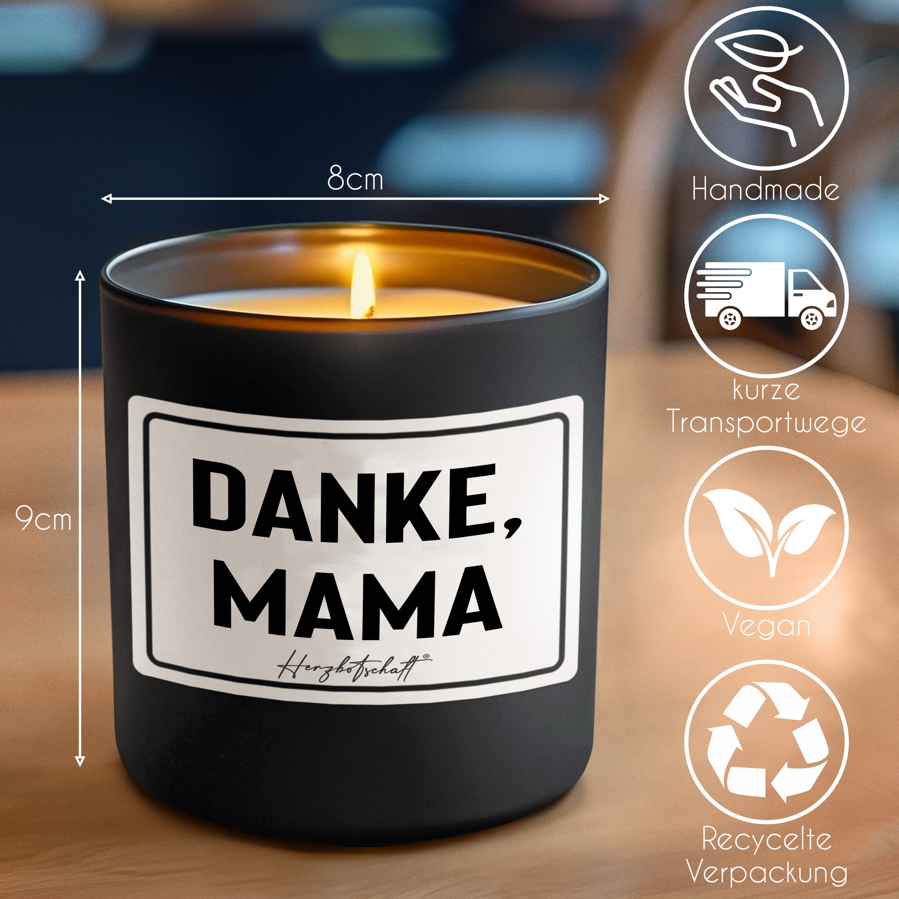 Duftkerze mit Spruch – Danke, Mama – Geschenk für Mama, Muttertag, handgemachte Sojakerze im Glas, nachhaltig, optional mit personalisiertem Bambusdeckel