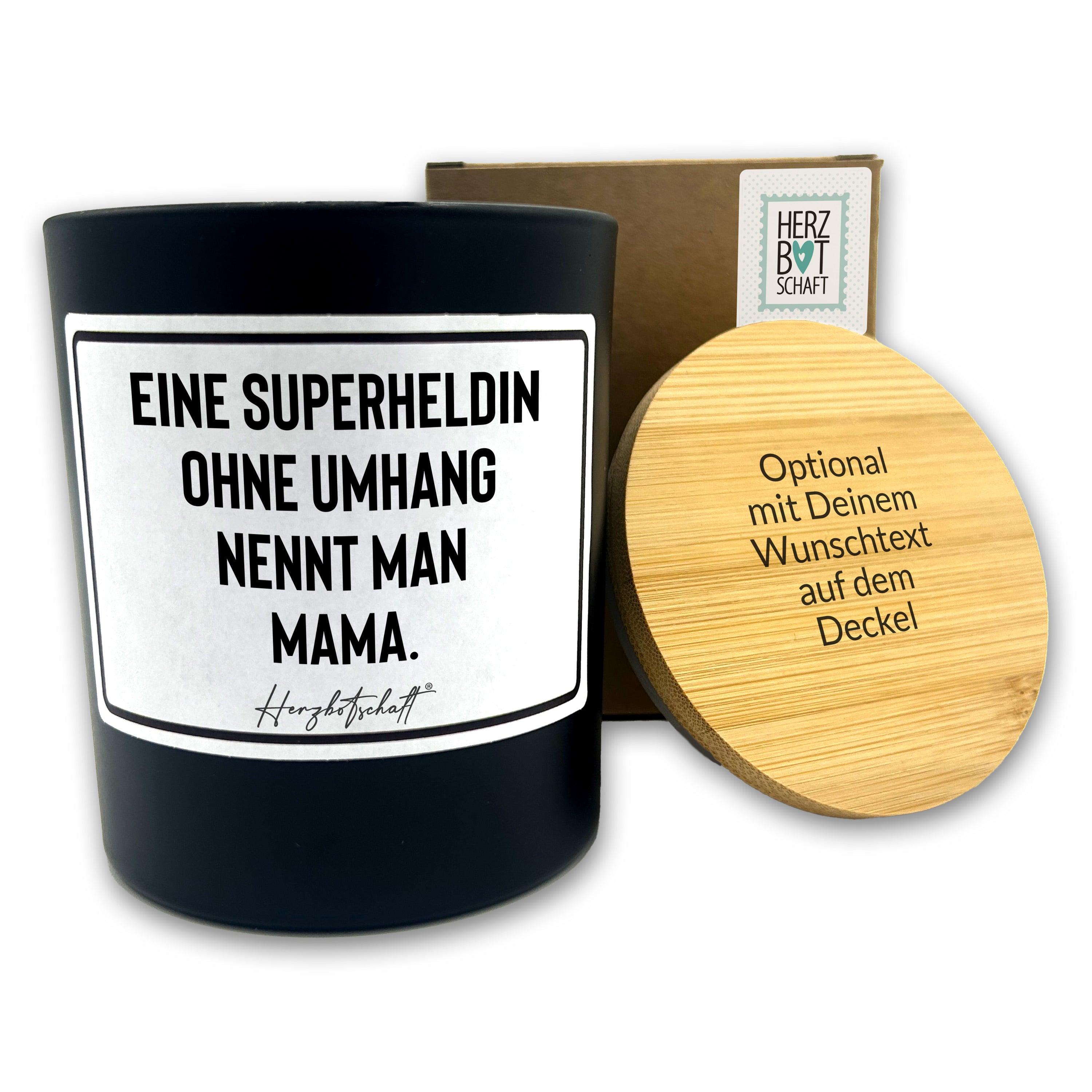 Duftkerze mit Spruch – Eine Superheldin ohne Umhang nennt man Mama. – Geschenk für Mama, Muttertag, handgemachte Sojakerze im Glas, nachhaltig, optional mit personalisiertem Bambusdeckel