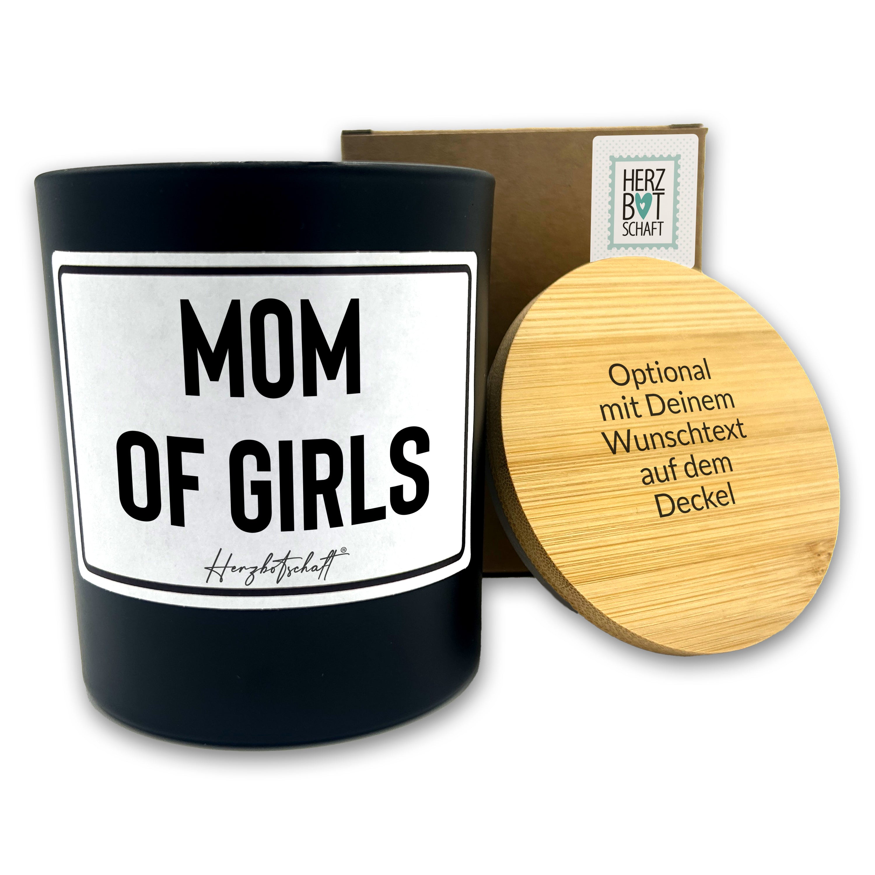 Duftkerze mit Spruch – Mom of Girls – Geschenk für Mama, Muttertag, handgemachte Sojakerze im Glas, nachhaltig, optional mit personalisiertem Bambusdeckel