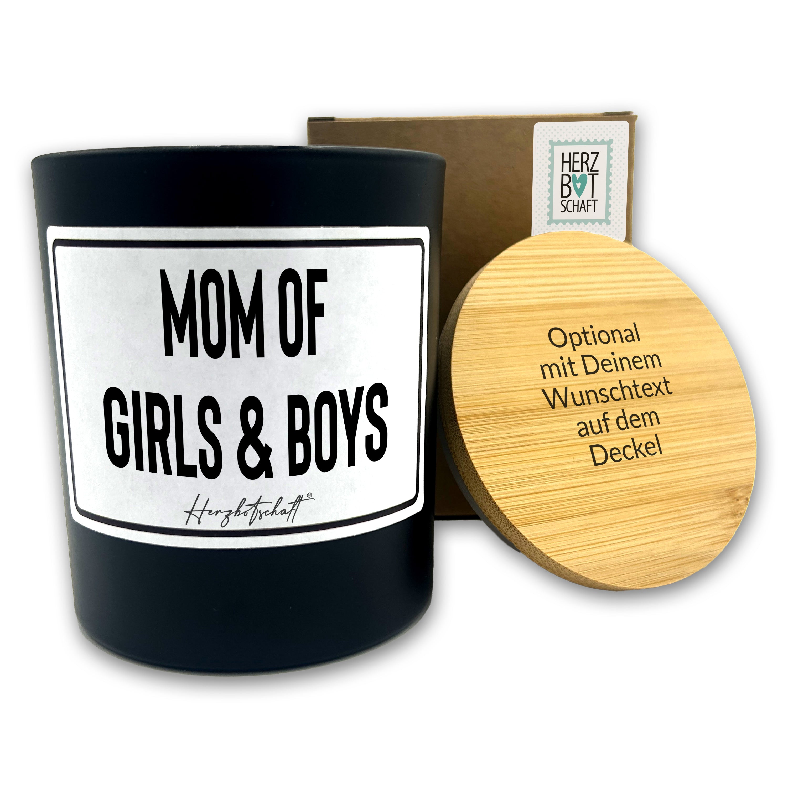 Duftkerze mit Spruch – Mom of Girls & Boys – Geschenk für Mama, Muttertag, handgemachte Sojakerze im Glas, nachhaltig, optional mit personalisiertem Bambusdeckel