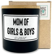 Duftkerze mit Spruch – Mom of Girls & Boys – Geschenk für Mama, Muttertag, handgemachte Sojakerze im Glas, nachhaltig, optional mit personalisiertem Bambusdeckel