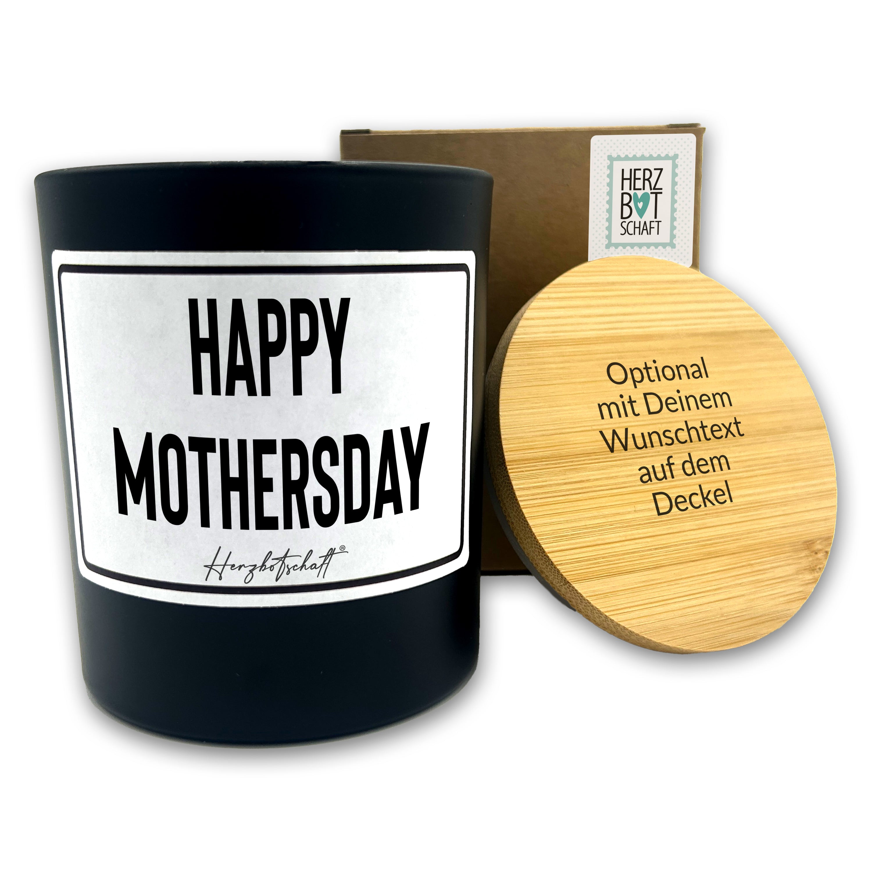 Duftkerze mit Spruch – Happy Mothersday – Geschenk für Mama, Muttertag, handgemachte Sojakerze im Glas, nachhaltig, optional mit personalisiertem Bambusdeckel