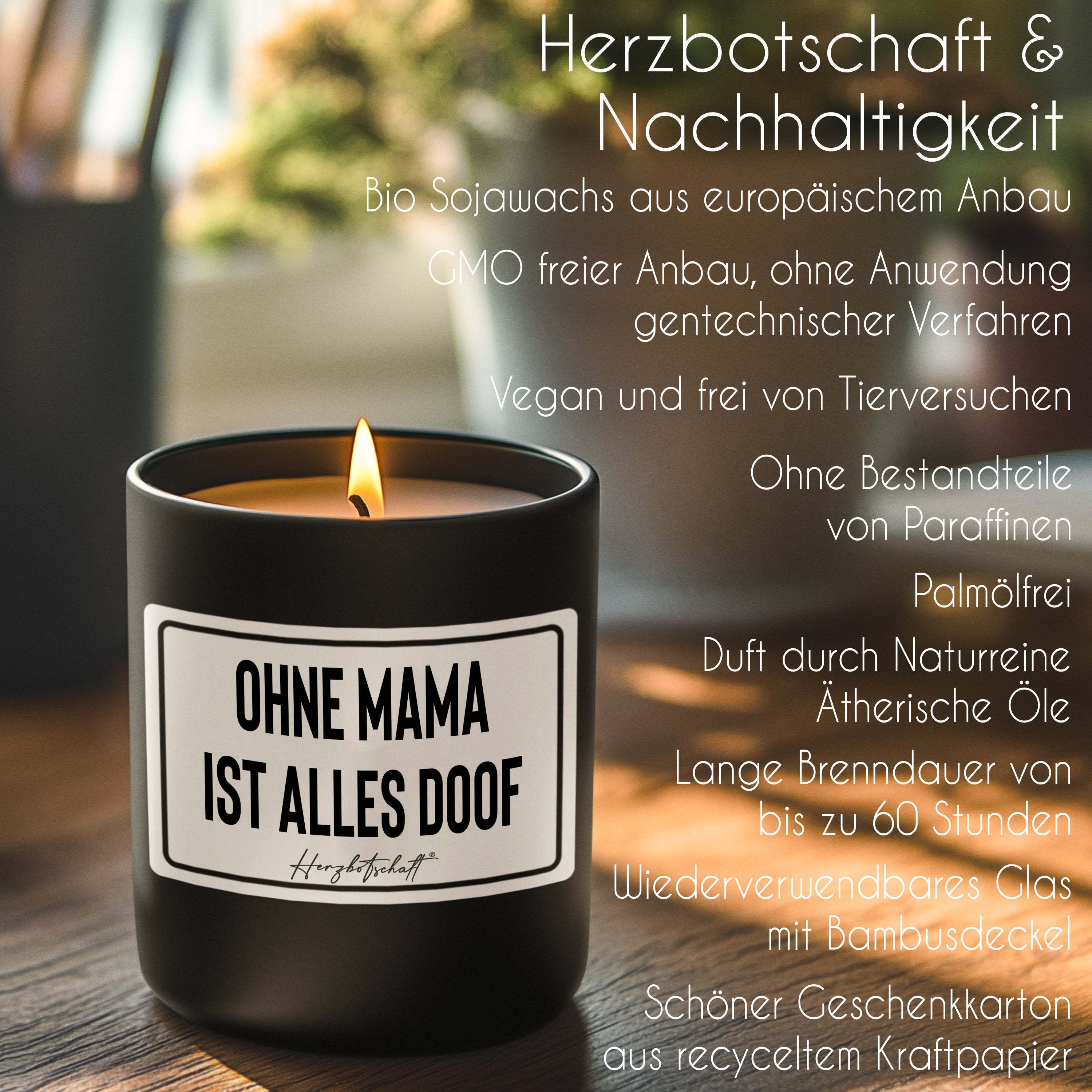 Duftkerze mit Spruch – Ohne Mama ist alles doof – Geschenk für Mama, Muttertag, handgemachte Sojakerze im Glas, nachhaltig, optional mit personalisiertem Bambusdeckel