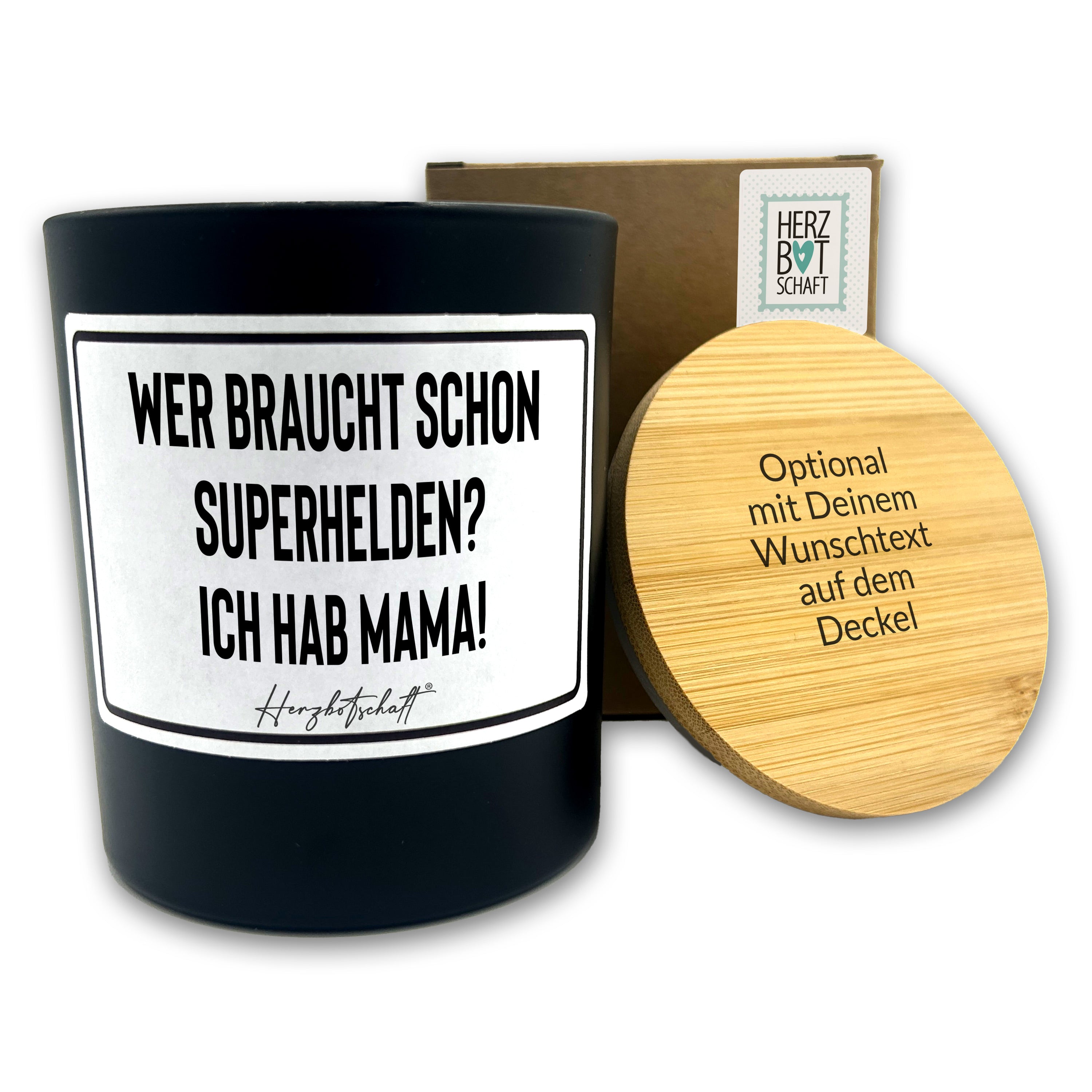 Duftkerze mit Spruch – Wer braucht schon Superhelden? Ich hab Mama! – Geschenk für Mama, Muttertag, handgemachte Sojakerze im Glas, nachhaltig, optional mit personalisiertem Bambusdeckel