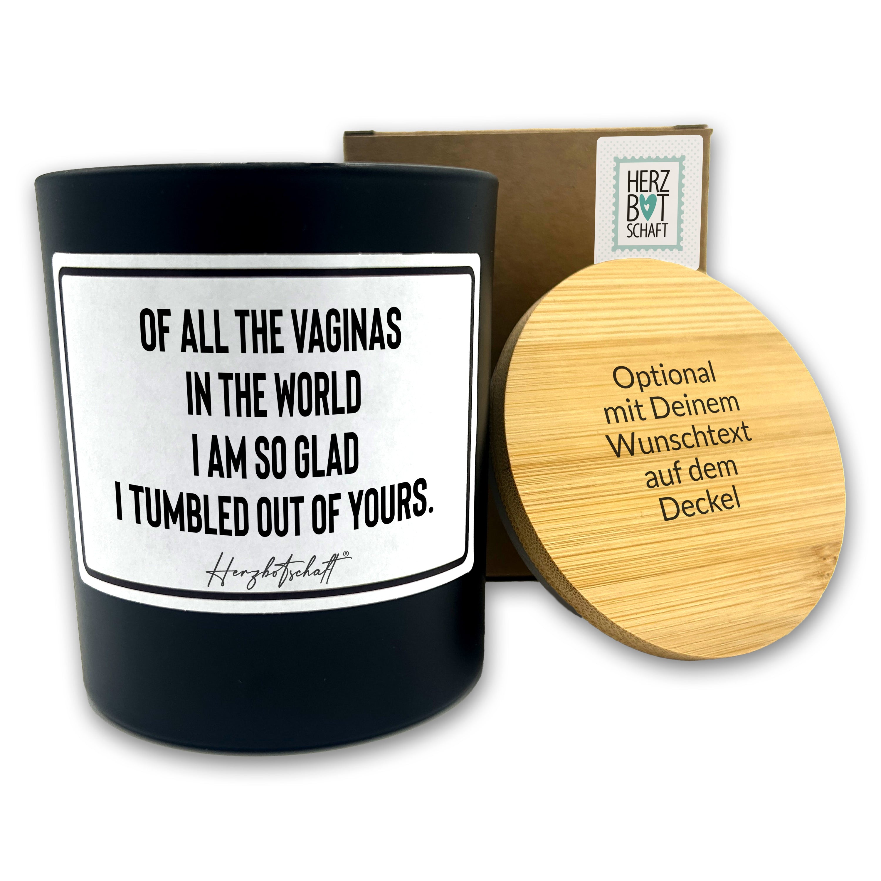 Duftkerze mit Spruch – Of all the vaginas in the world I am so glad I tumbled out of yours. – Geschenk für Mama, Muttertag, handgemachte Sojakerze im Glas, nachhaltig, optional mit personalisiertem Bambusdeckel