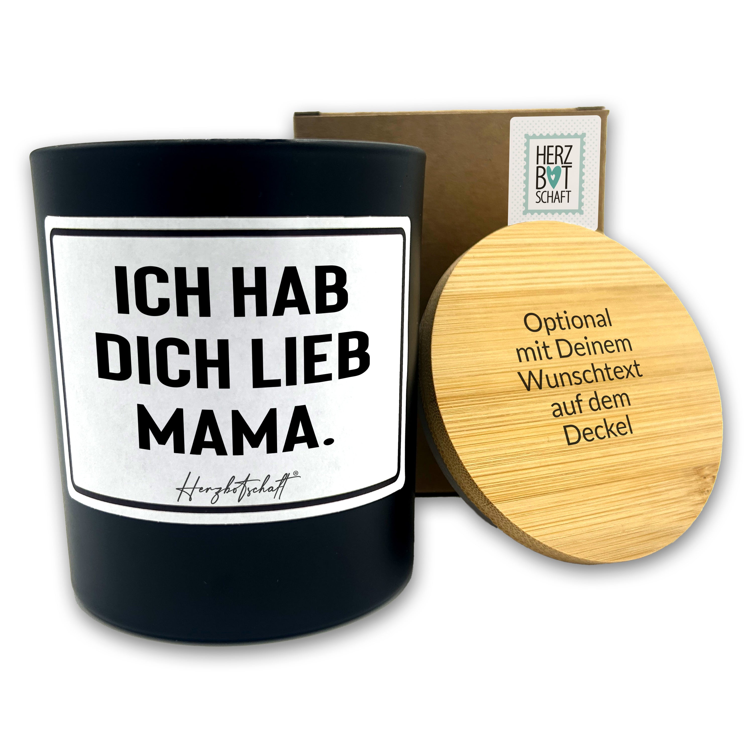 Duftkerze mit Spruch – Ich hab Dich lieb Mama. – Geschenk für Mama, Muttertag, handgemachte Sojakerze im Glas, nachhaltig, optional mit personalisiertem Bambusdeckel
