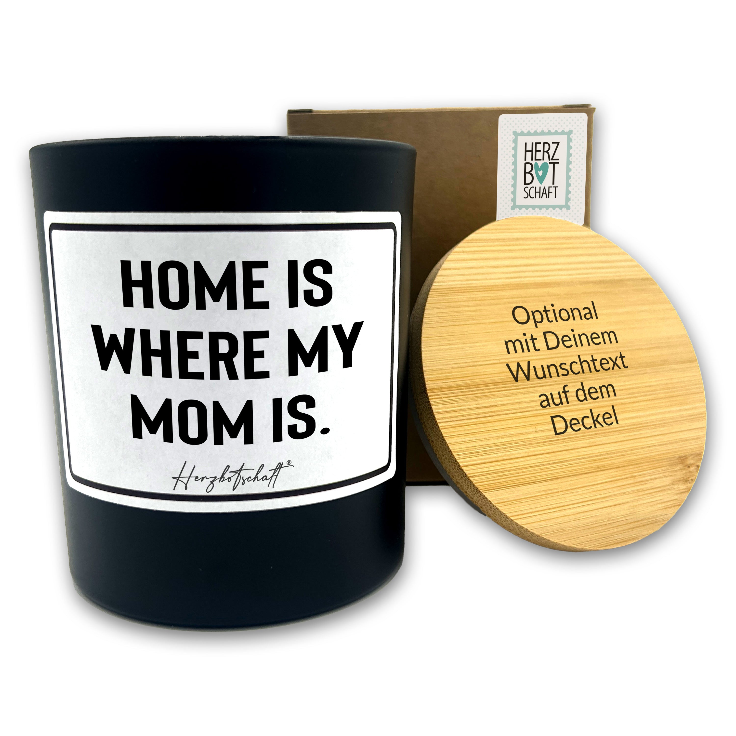 Duftkerze mit Spruch – Home is where my mom is. – Geschenk für Mama, Muttertag, handgemachte Sojakerze im Glas, nachhaltig, optional mit personalisiertem Bambusdeckel