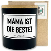 Duftkerze mit Spruch – Mama ist die Beste! – Geschenk für Mama, Muttertag, handgemachte Sojakerze im Glas, nachhaltig, optional mit personalisiertem Bambusdeckel