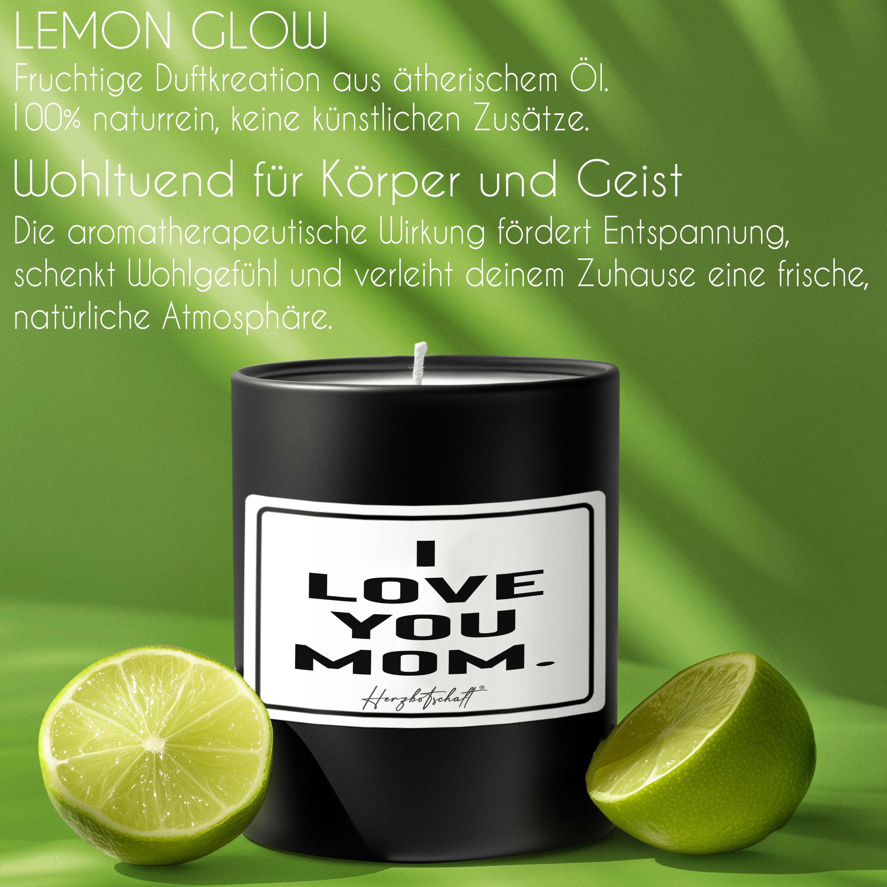 Duftkerze mit Spruch – I love you mom. – Geschenk für Mama, Muttertag, handgemachte Sojakerze im Glas, nachhaltig, optional mit personalisiertem Bambusdeckel