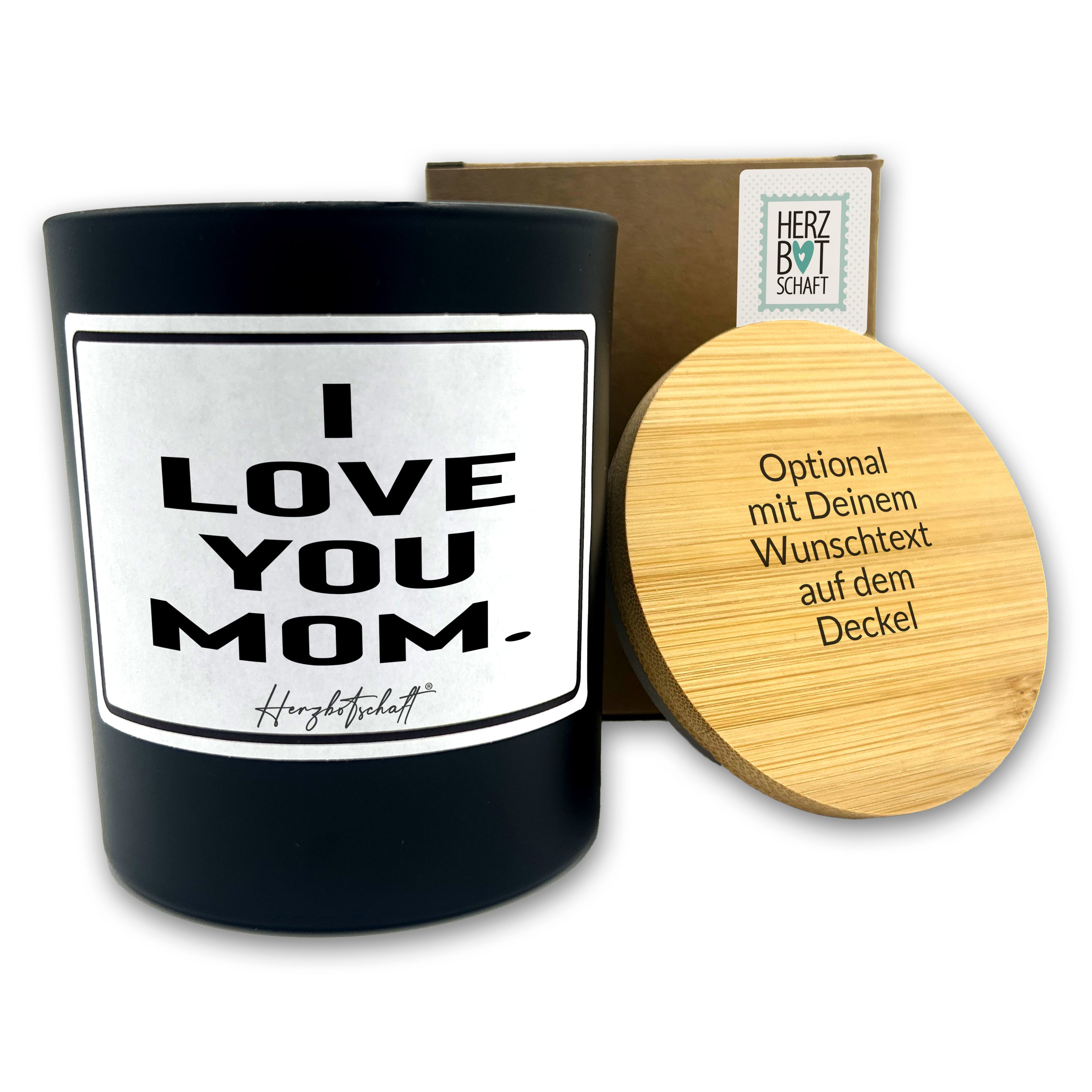Duftkerze mit Spruch – I love you mom. – Geschenk für Mama, Muttertag, handgemachte Sojakerze im Glas, nachhaltig, optional mit personalisiertem Bambusdeckel