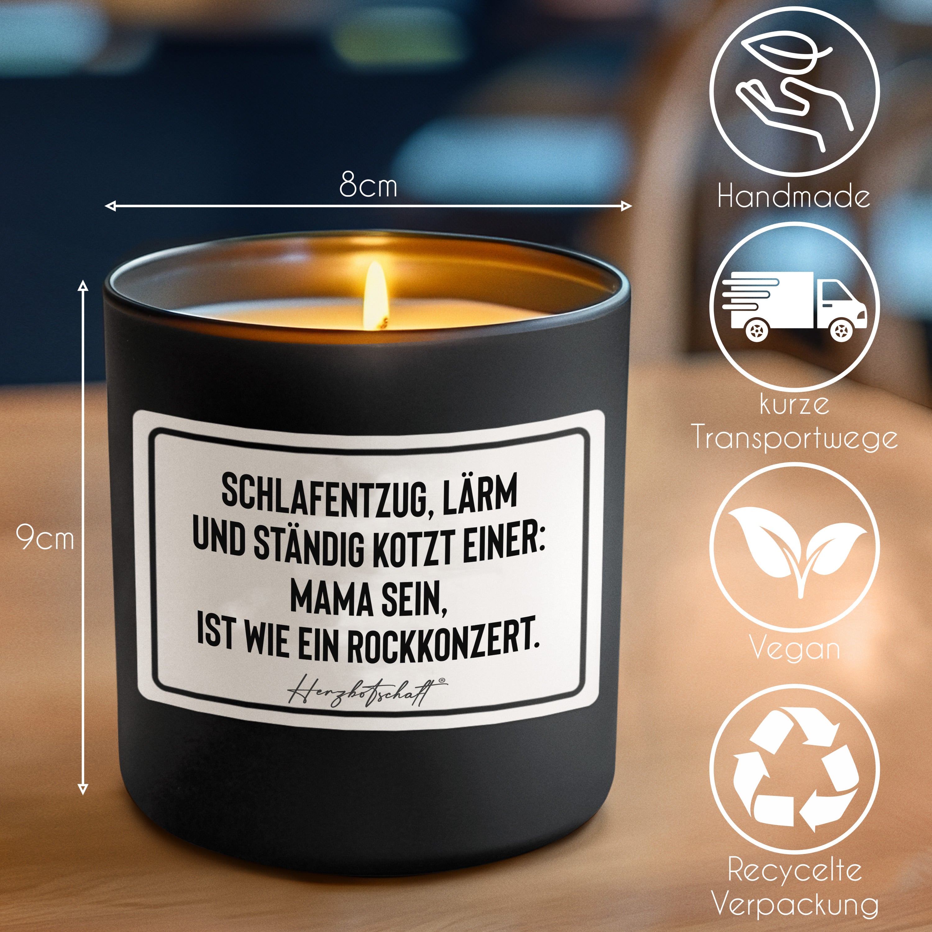 Duftkerze mit Spruch – Schlafentzug, Lärm und ständig kotzt einer: Mama sein, ist wie ein Rockkonzert. – Geschenk für Mama, Muttertag, handgemachte Sojakerze im Glas, nachhaltig, optional mit personalisiertem Bambusdeckel