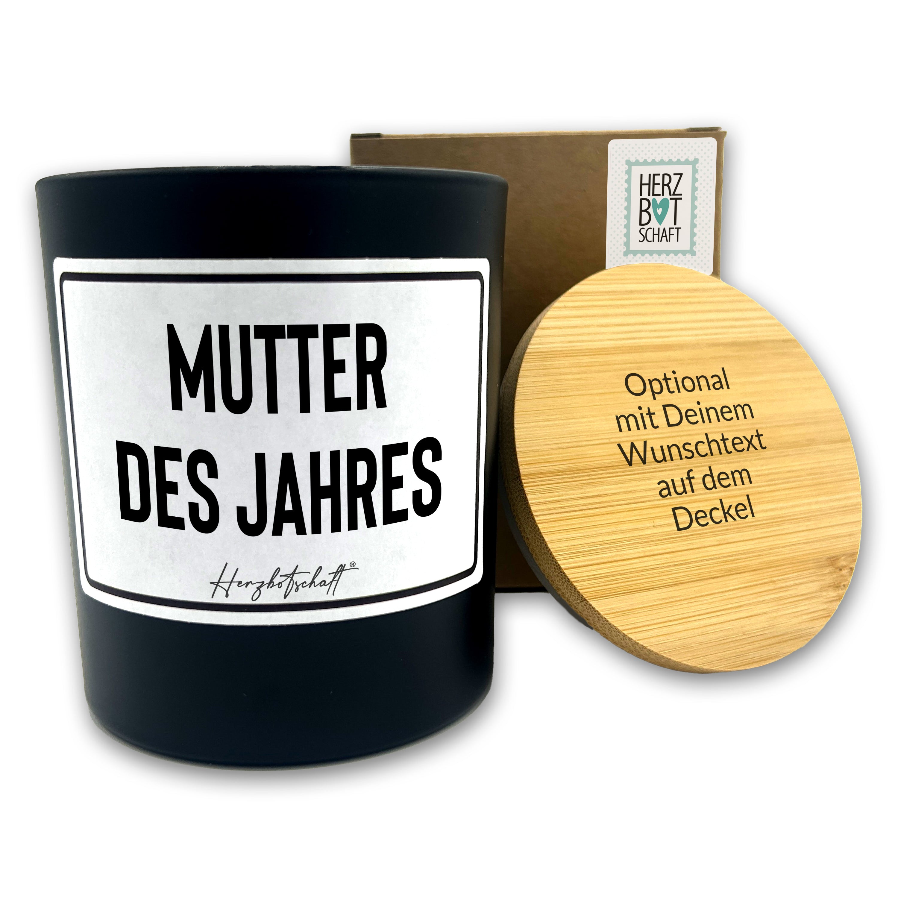 Duftkerze mit Spruch – Mutter des Jahres – Geschenk für Mama, Muttertag, handgemachte Sojakerze im Glas, nachhaltig, optional mit personalisiertem Bambusdeckel
